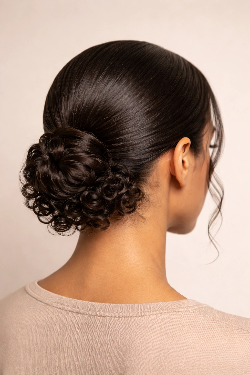 Back view of sleek low bun with defined curls at the nape