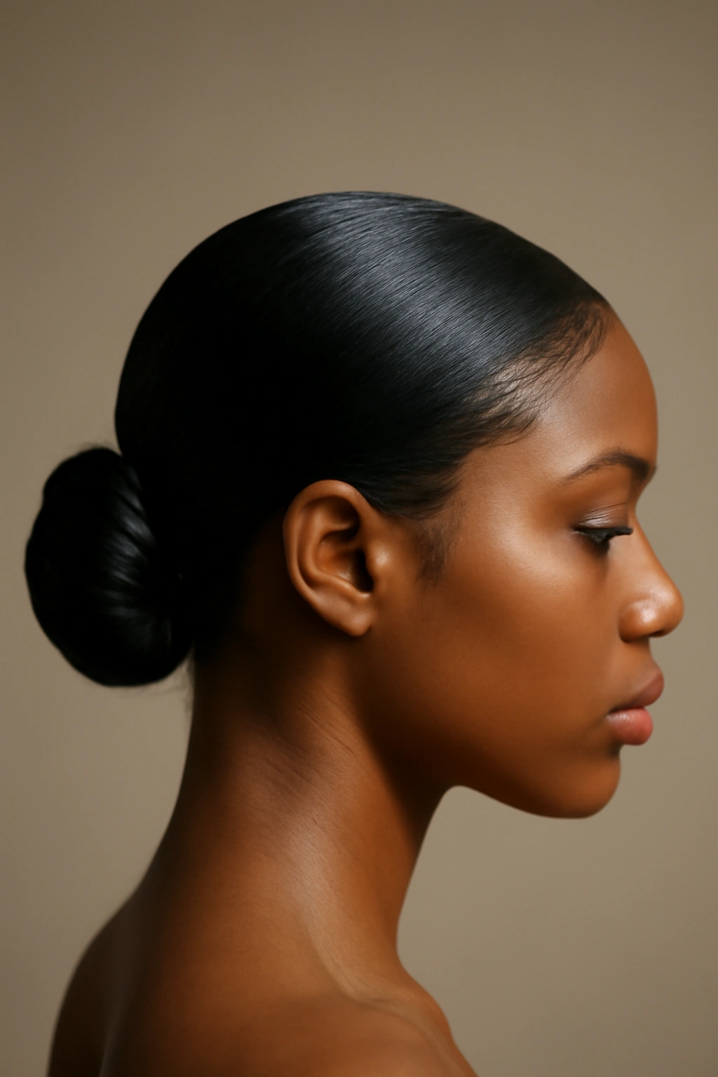 10 Elegant Low Bun Styles for Black Women to Try 1 Close-up of Sleek Low Bun with Curved Edge at the nape showing smooth curved hairline