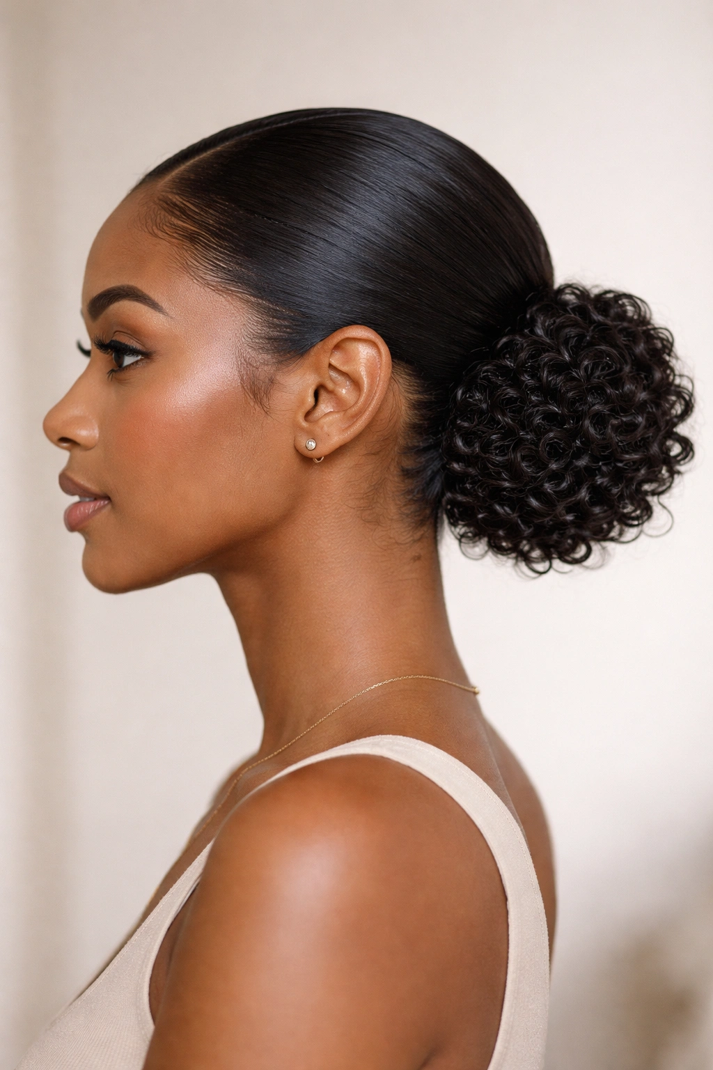 25 Natural Hairstyles For Coily And Curly Textures 25 Close-up of a sleek low bun with defined curls at the base, in studio lighting