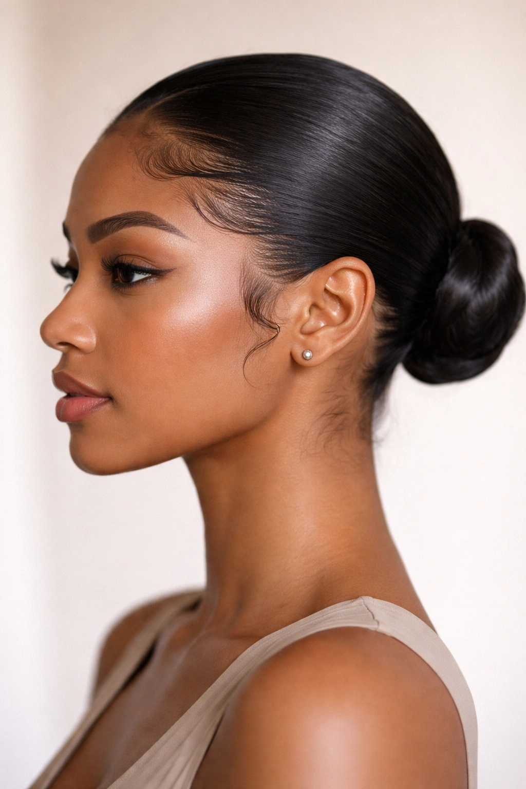 15 Protective Styles That Still Look Put Together 1 Close-up of a sleek low bun with defined edges at the nape of the neck