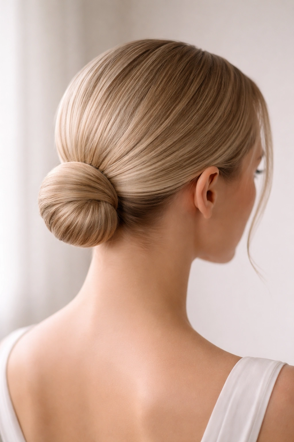 Close-up of a sleek low bun at the nape on fine hair; glossy finish and smooth silhouette