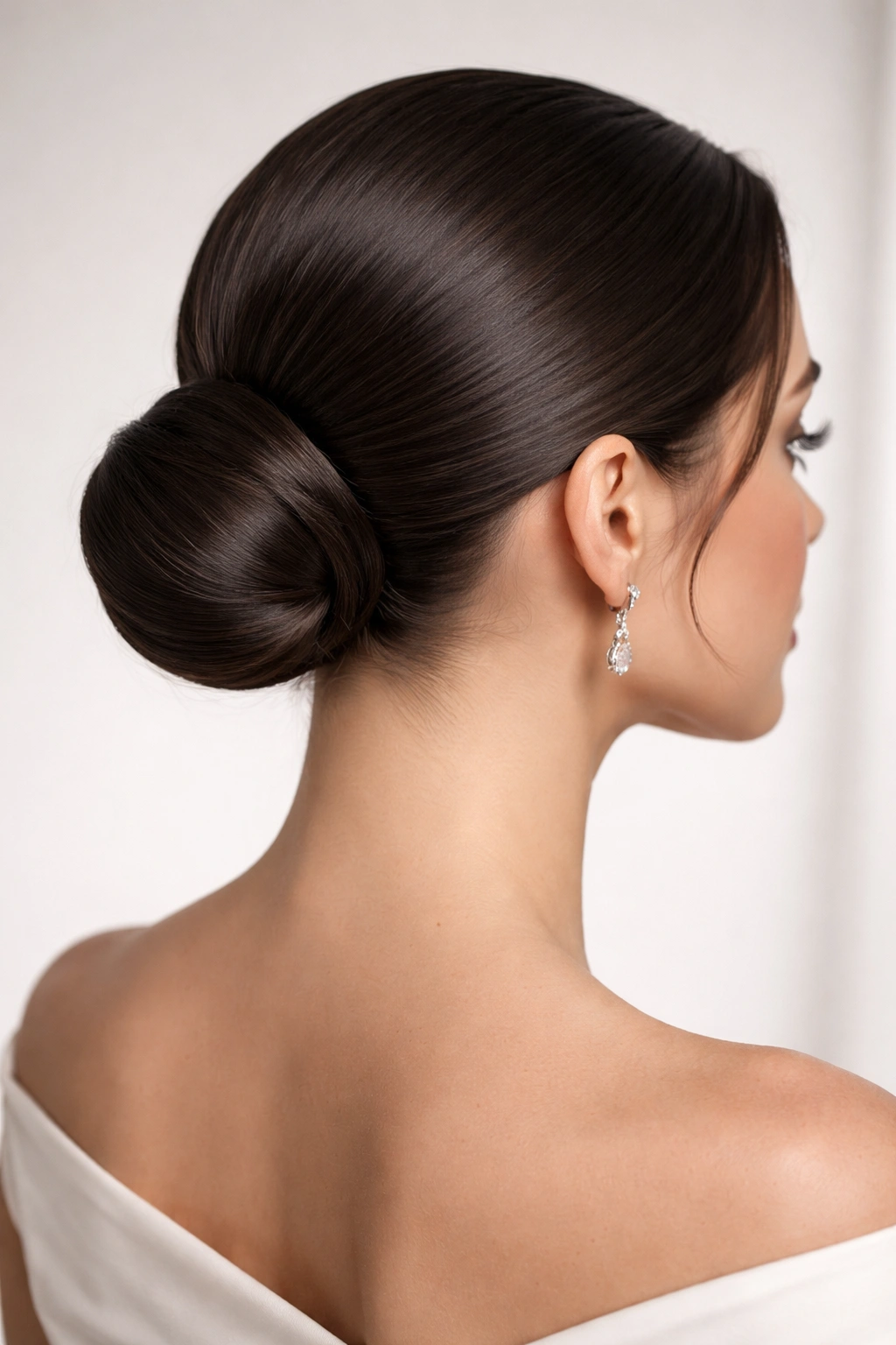 Close-up of a sleek low bun at the nape of the neck.