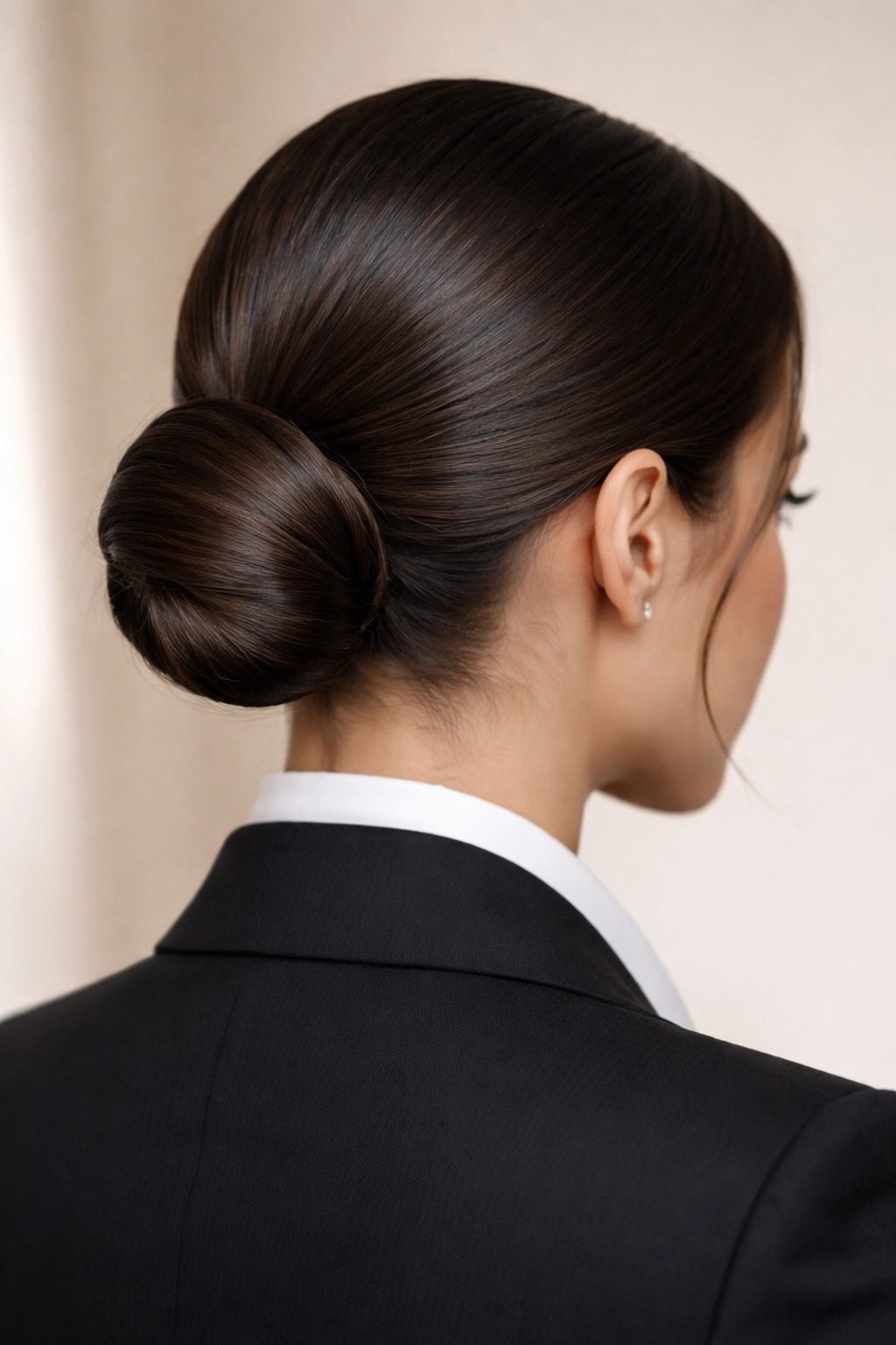 Close-up of a sleek low bun at the nape with glossy hair and polished finish
