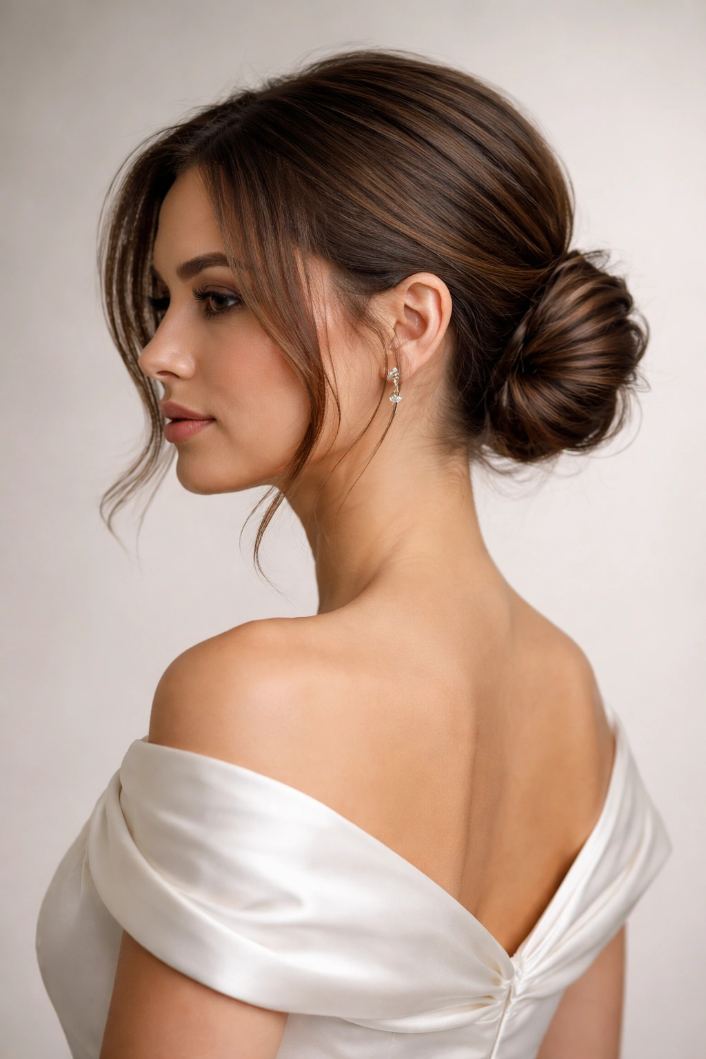 Close-up of a short hairstyle with a loose low bun and face-framing layers for graduation