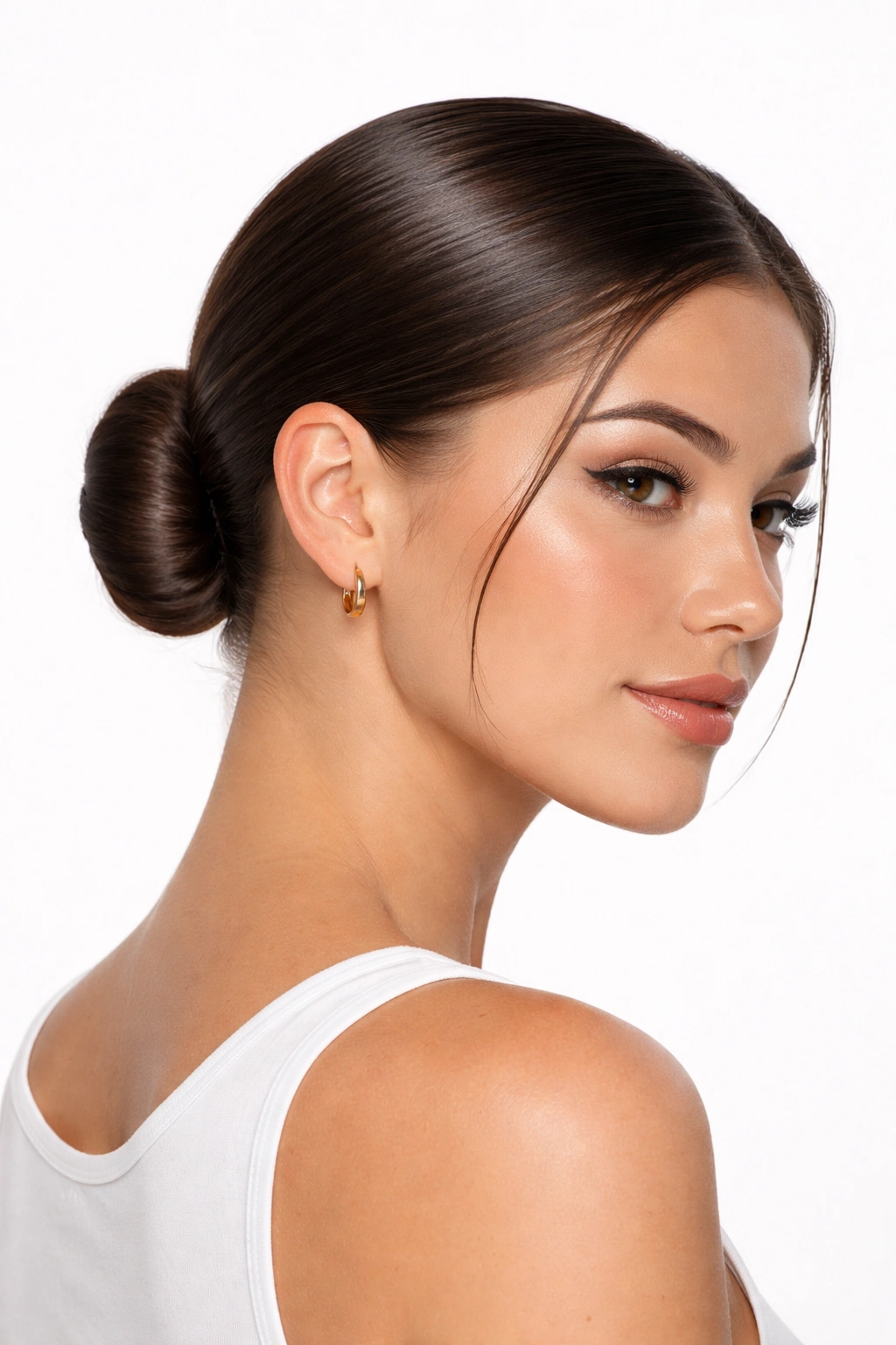 Close-up of a sleek low bun at the nape with glossy finish