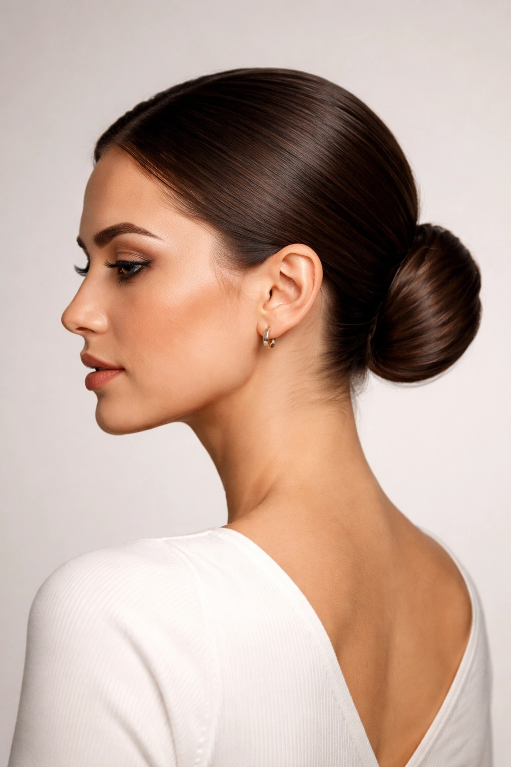 Portrait of a person with a sleek low bun at the nape of the neck
