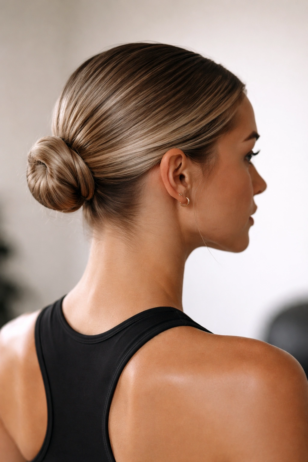 10 Gym Hairstyles For Short Hair That Stay Put 2 Close-up of a sleek low bun at the nape with glossy finish