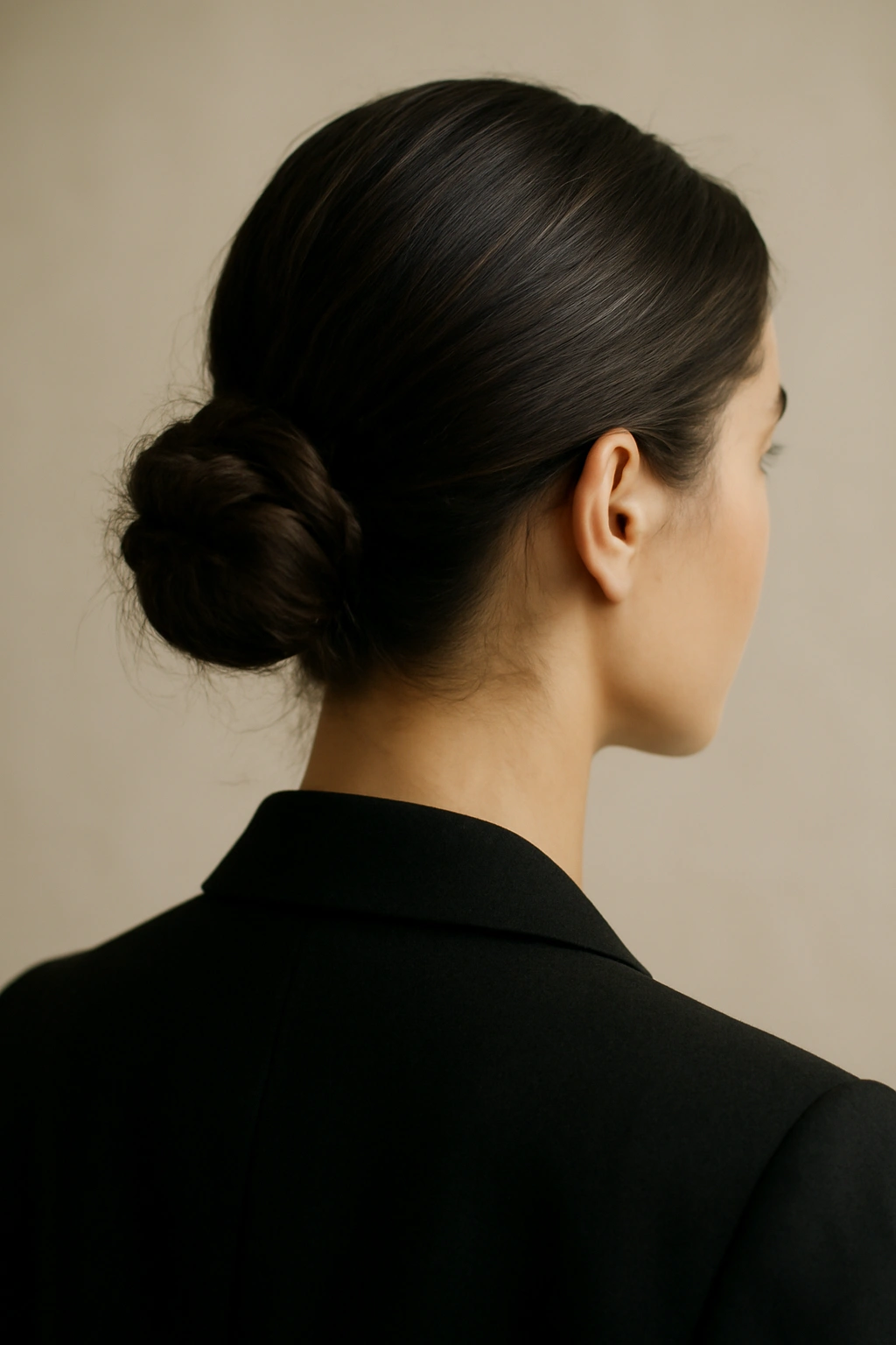 10 Hairstyles That Instantly Elevate Any Blazer Outfit 1 Close-up of Sleek Low Bun hairstyle with textured nape in a blazer-ready portrait