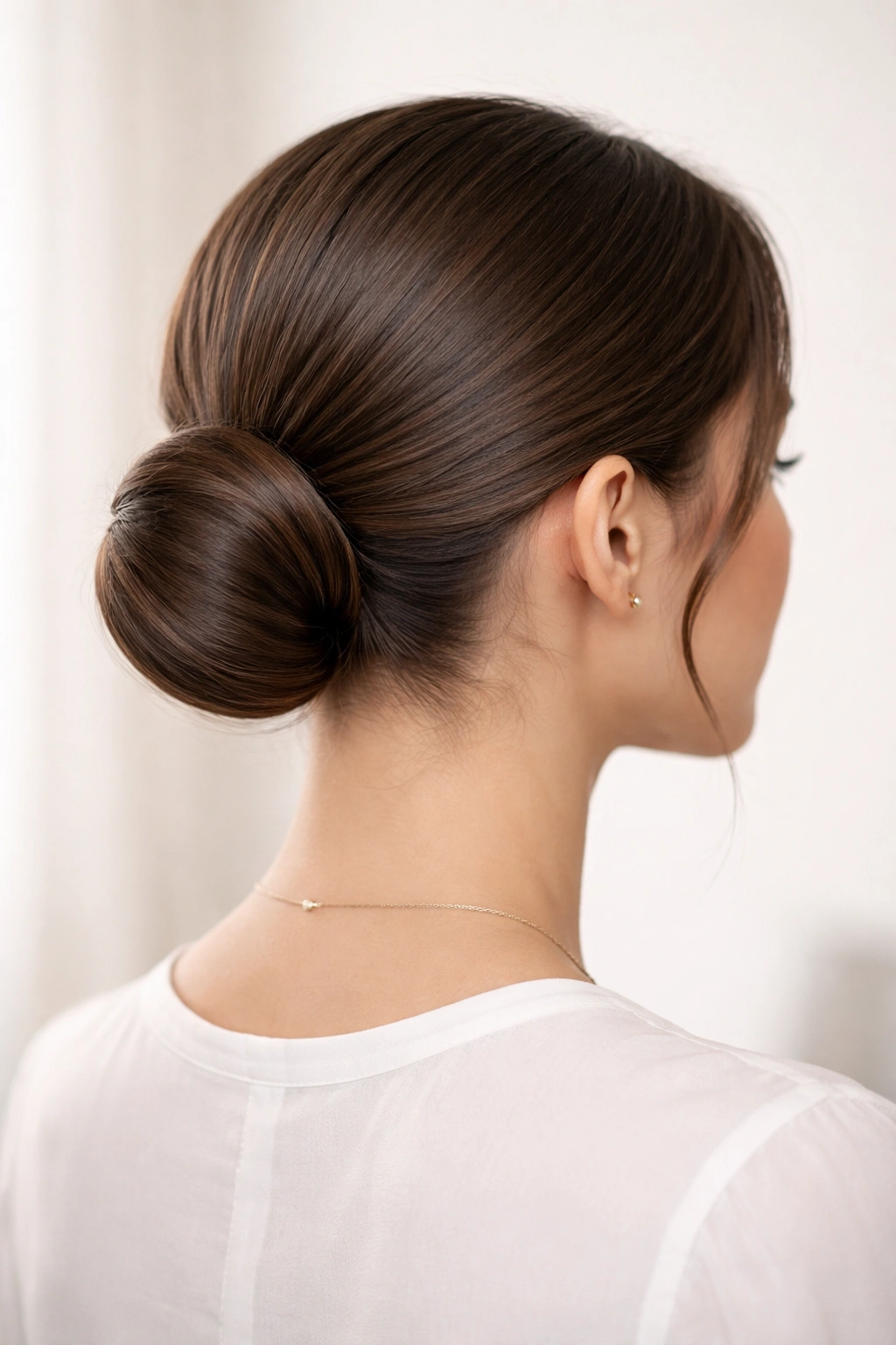 Back view of a sleek low bun at the nape of the neck