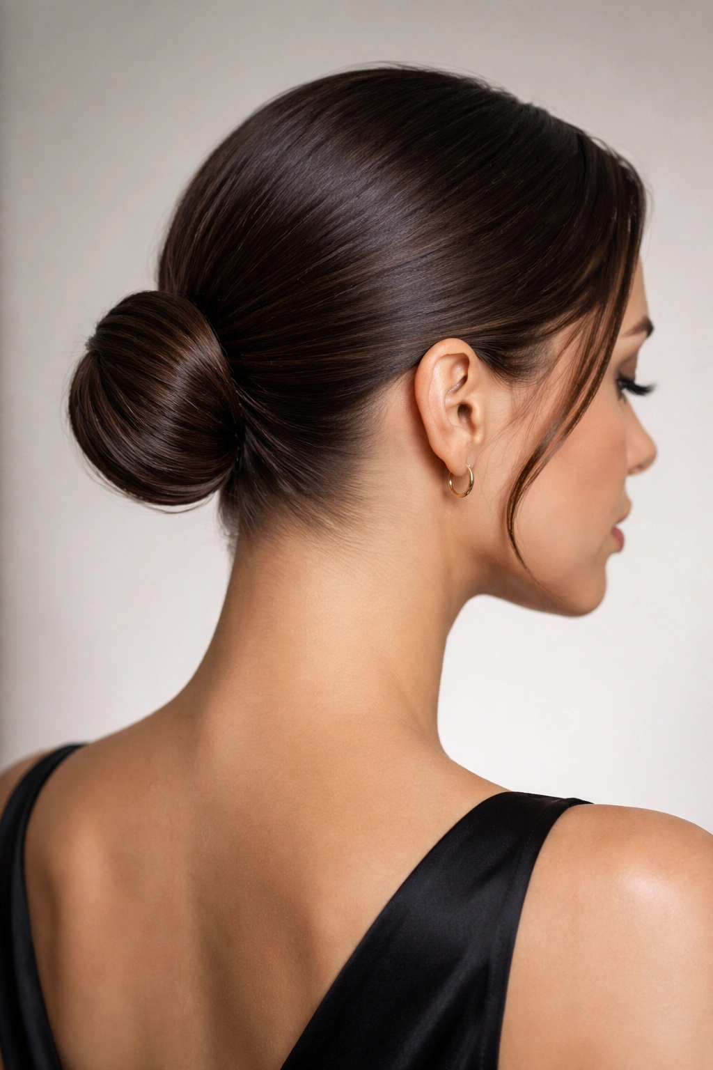 Close-up of a sleek low bun at the nape, polished short-hair styling for night out