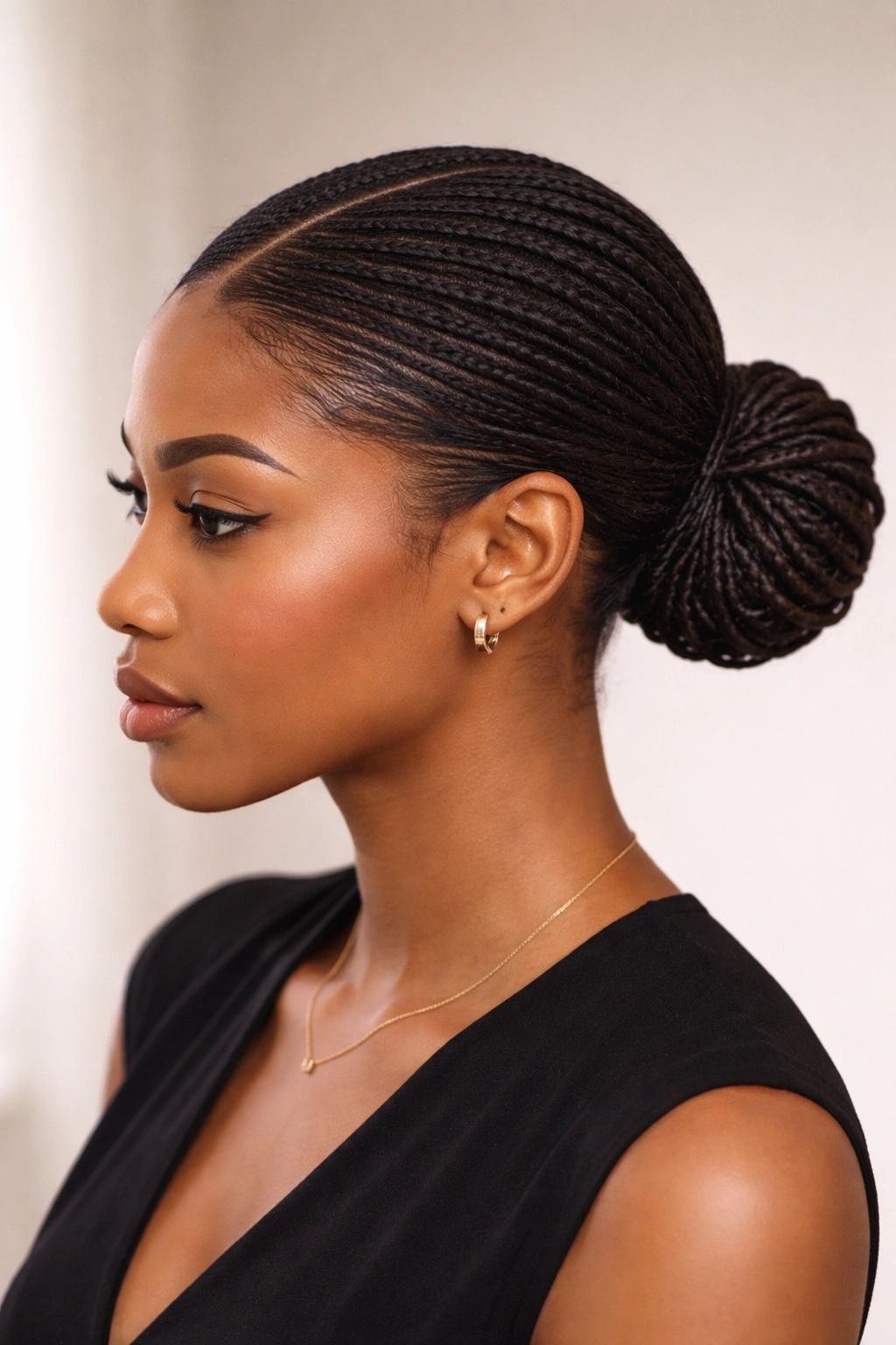 Sleek low bun with visible scalp parting in a professional setup