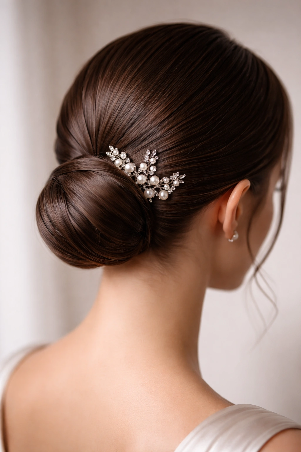 Close-up of a sleek low bun at the nape with pins catching light