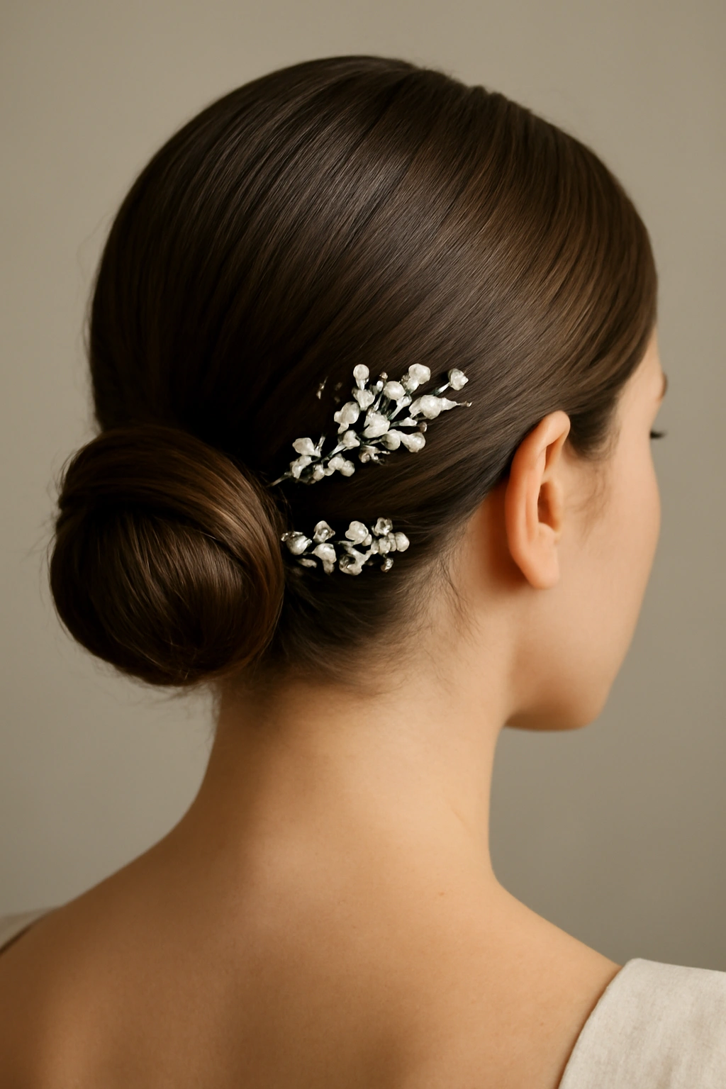 10 Wedding Hairstyles Short-Haired Brides Will Love 2 Bride's nape with a sleek low bun and decorative pins