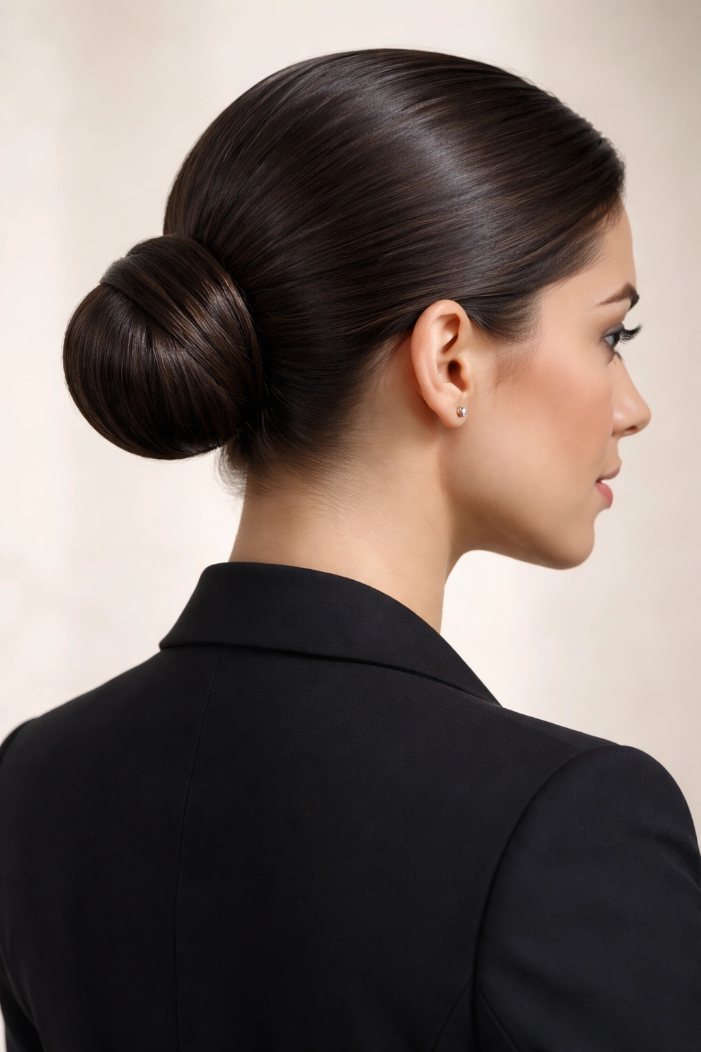 Close-up of a woman's sleek low bun hairstyle in a professional setting