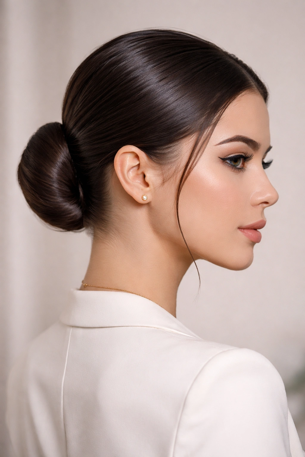 Portrait of a person with a glossy low bun at the nape
