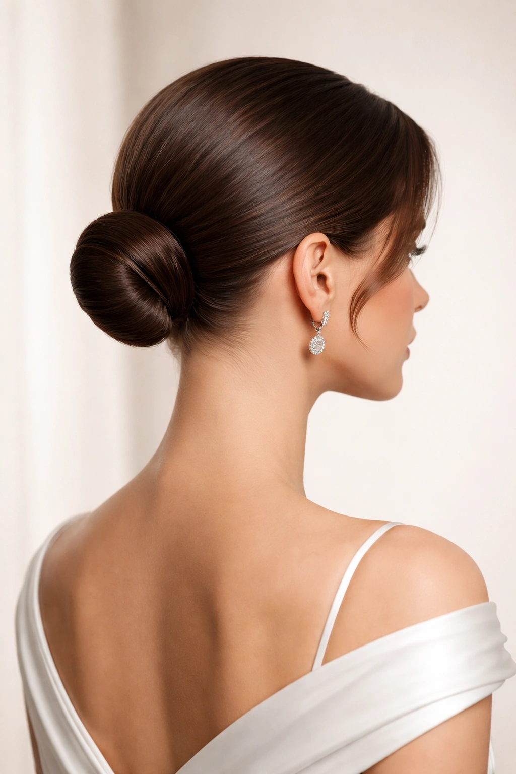 Close-up of a sleek low bun at the nape of the neck on short hair