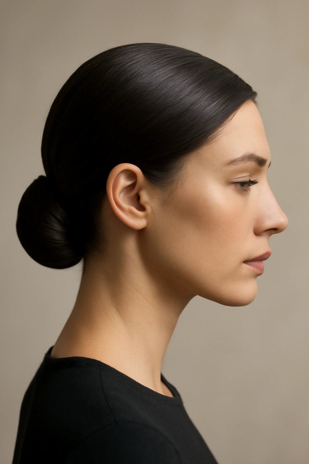 10 Gorgeous Night Out Hairstyles for Short Hair 1 Sleek low bun hairstyle on short hair highlighting neck and jawline