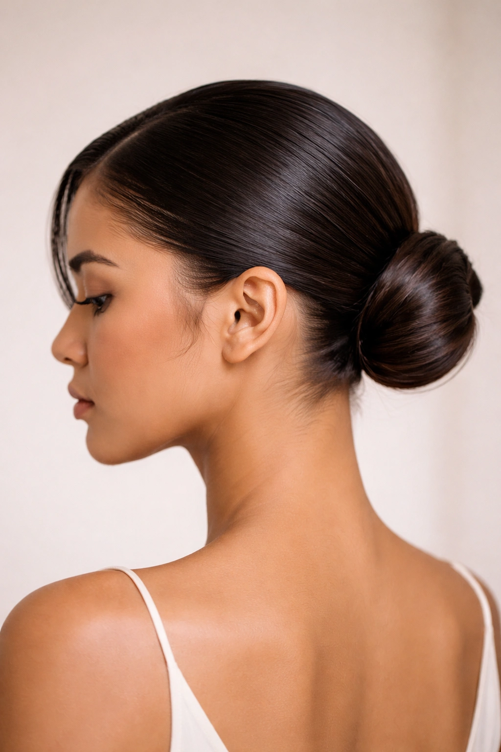Close-up of a sleek low bun on short hair with polished edges