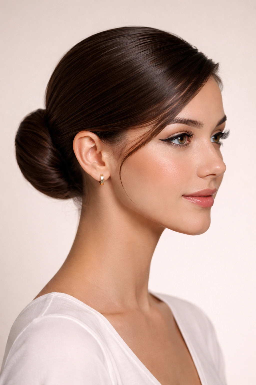 Close-up of sleek low bun with deep side part and glossy hair.