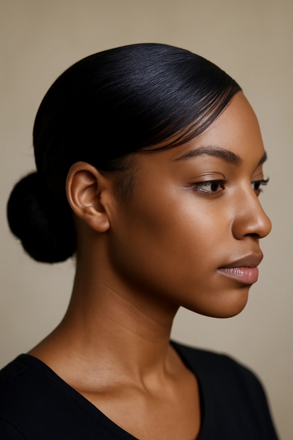 10 Claw Clip Hairstyles That Work for Black Hair 1 Close-up of a sleek low bun with side-swept edges on textured Black hair