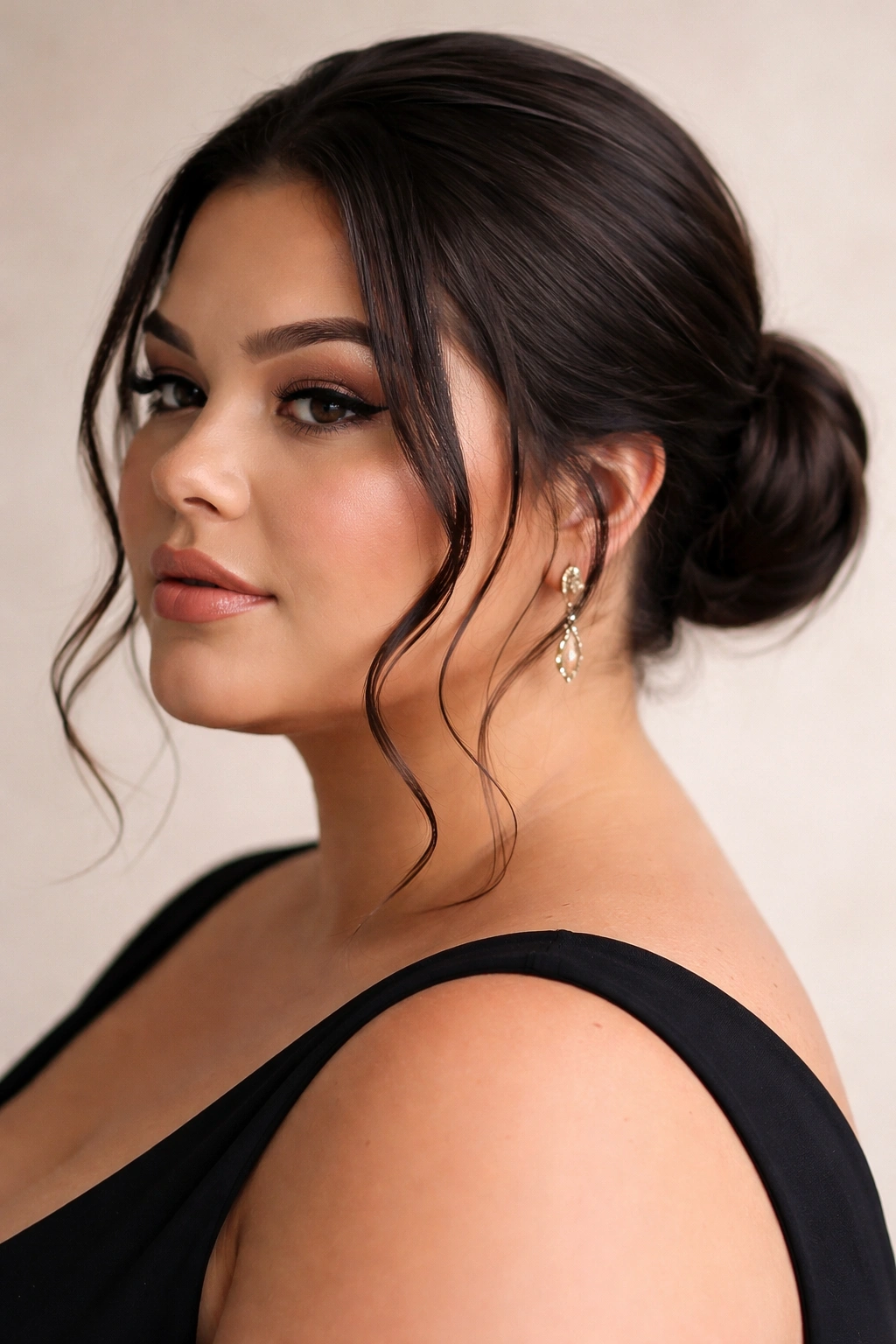 Three-quarter view of a plus-size woman with a sleek low bun and face-framing tendrils.