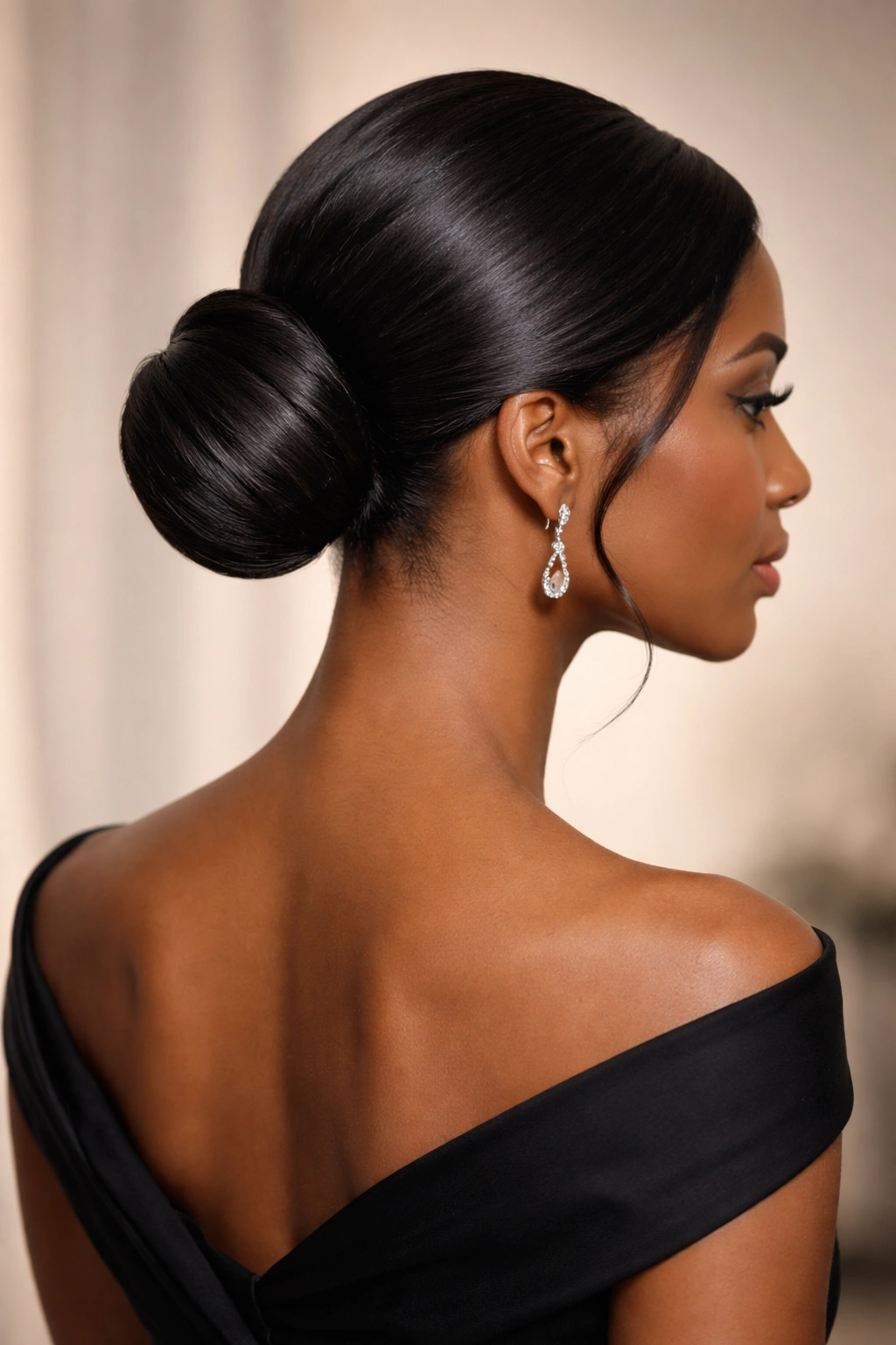 Close-up of a sleek low bun at the nape with glossy finish