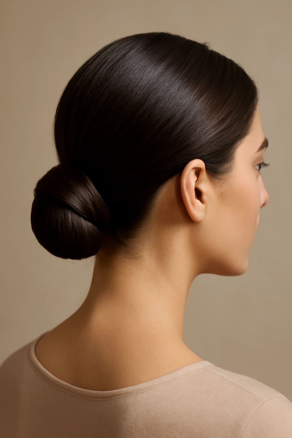 15 Easy Short Hair Updos That Work for Any Occasion 1 Close-up of a sleek low bun at the nape of the neck
