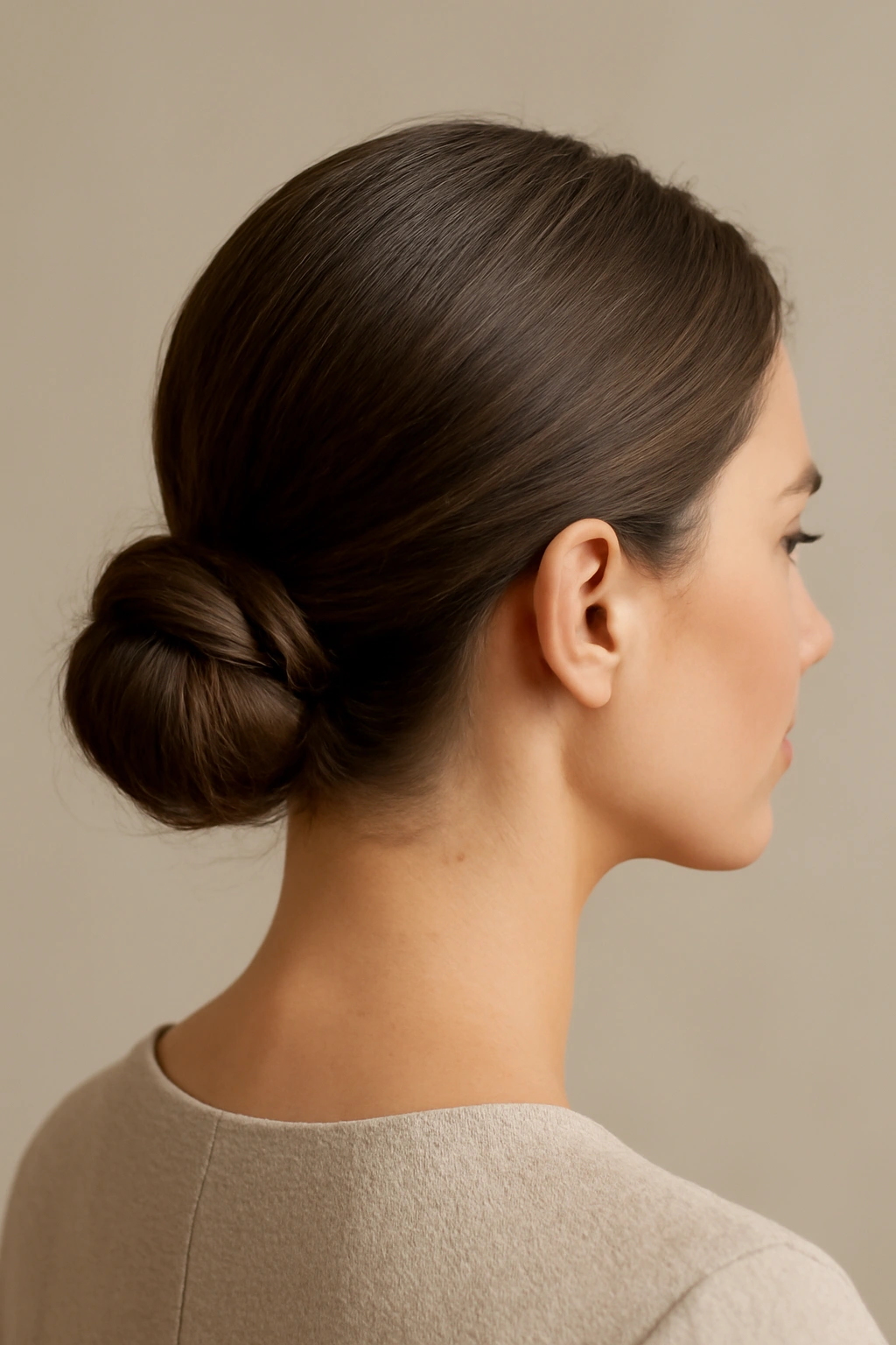 12 Wedding Guest Hairstyles You Can Do Yourself 2 Polished, sleek low bun with textured twist in studio lighting.