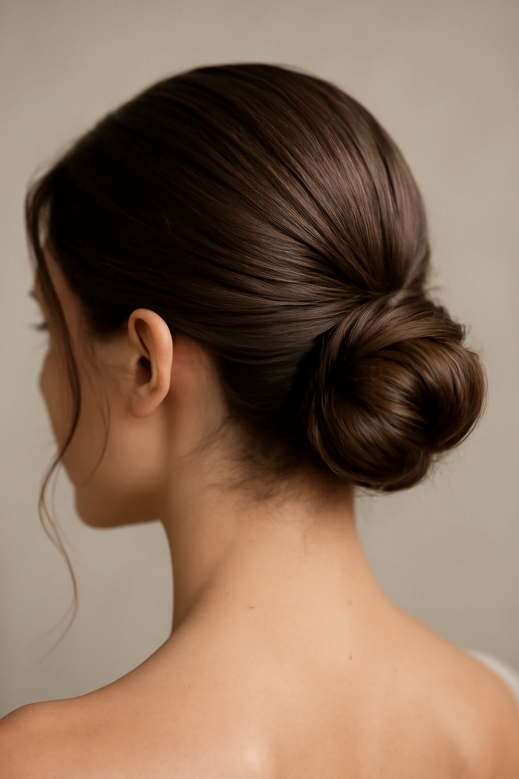 18 Wedding Hairstyles That Look Amazing on Short Hair 2 Close-up of a sleek low bun with a modern twist for wedding styling