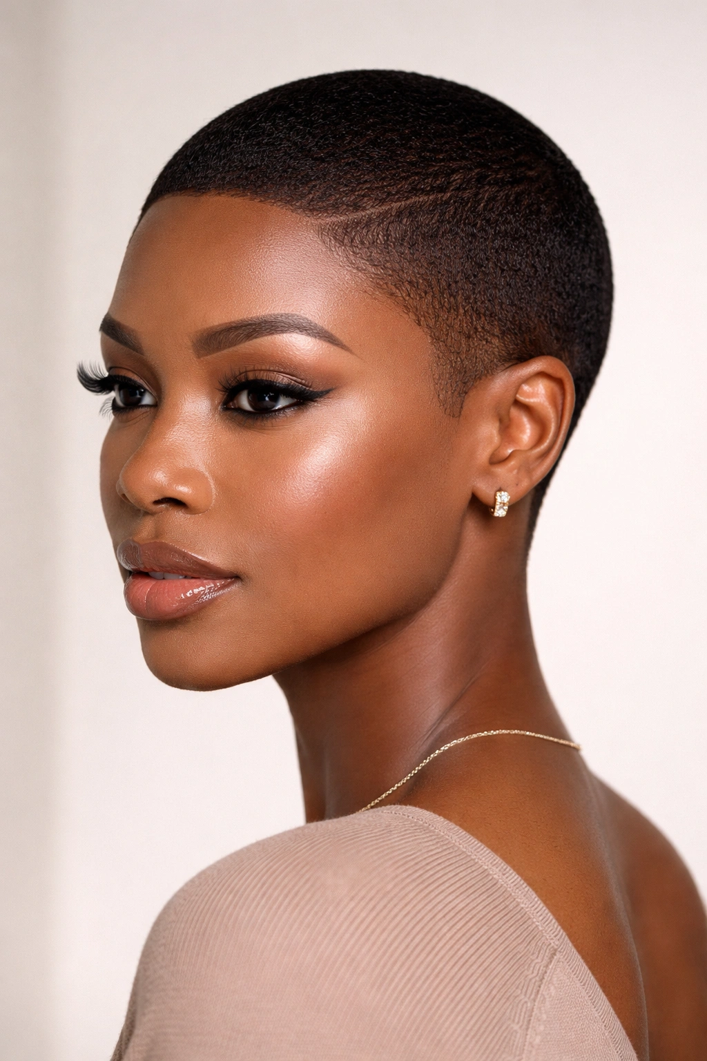 Close-up of sleek low-cut hairstyle with glossy finish