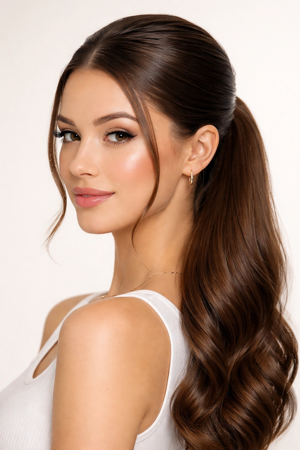 Sleek low half-up hairstyle with glossy finish