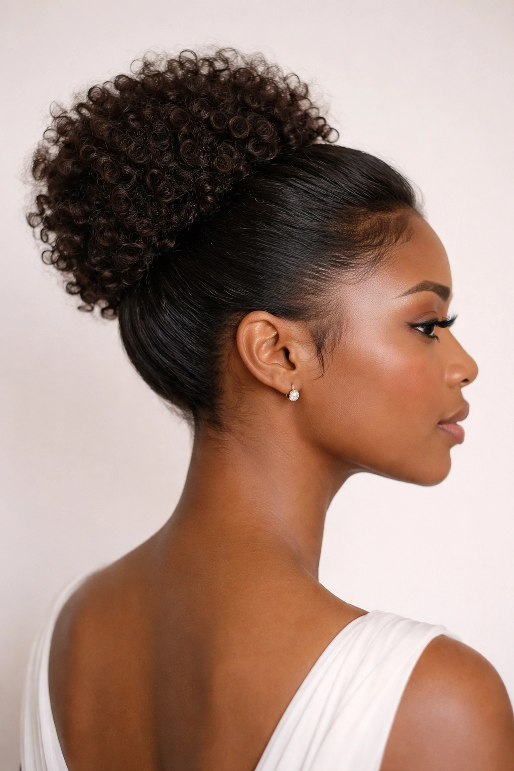 Sleek low knot at the nape with a textured crown for sophisticated contrast