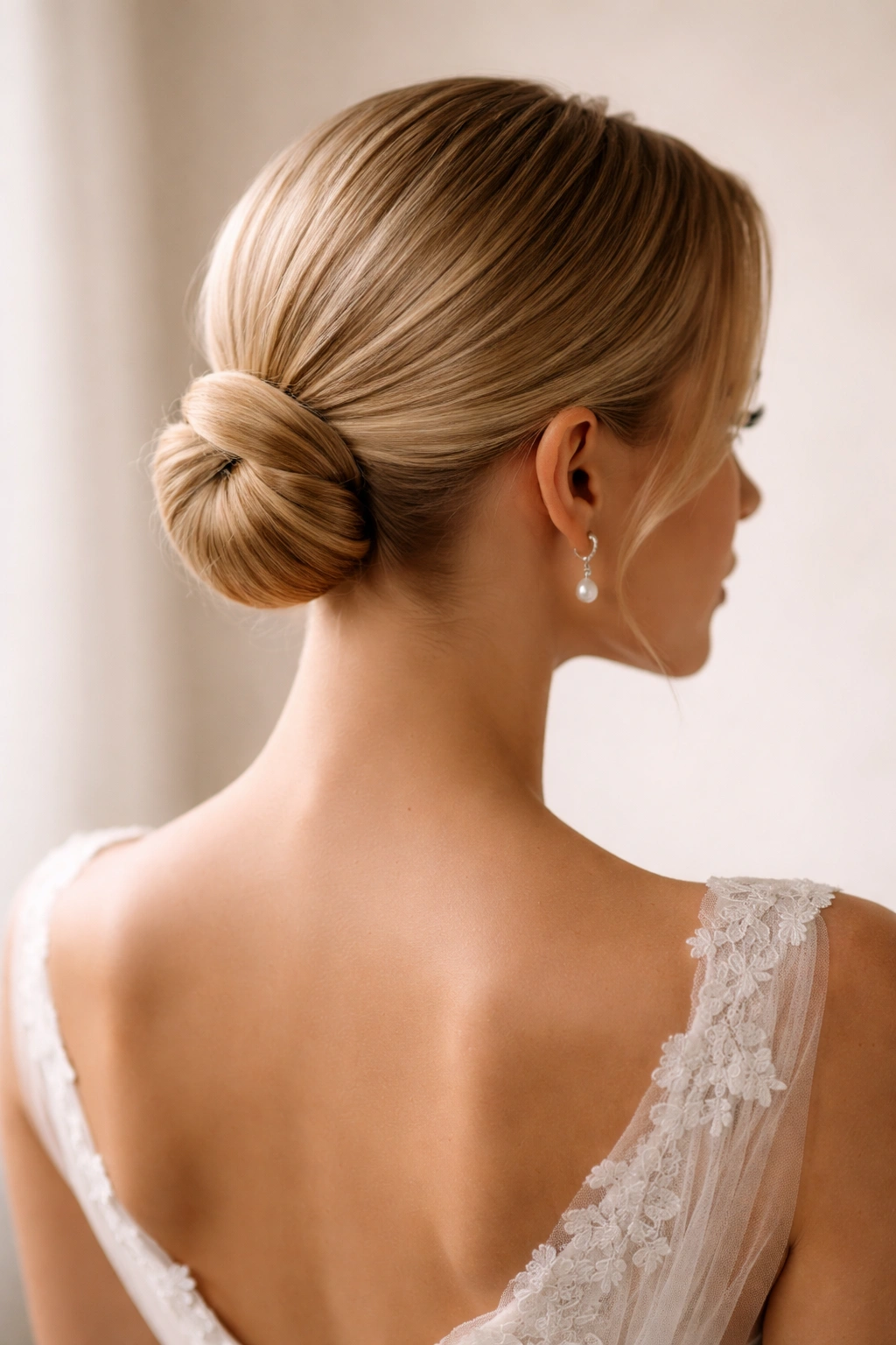 Close-up of The Sleek Low Knot at the nape on short hair showing a polished knot