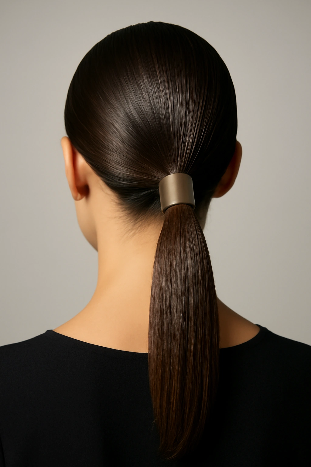 Back view of a sleek low ponytail with a metallic hair cuff