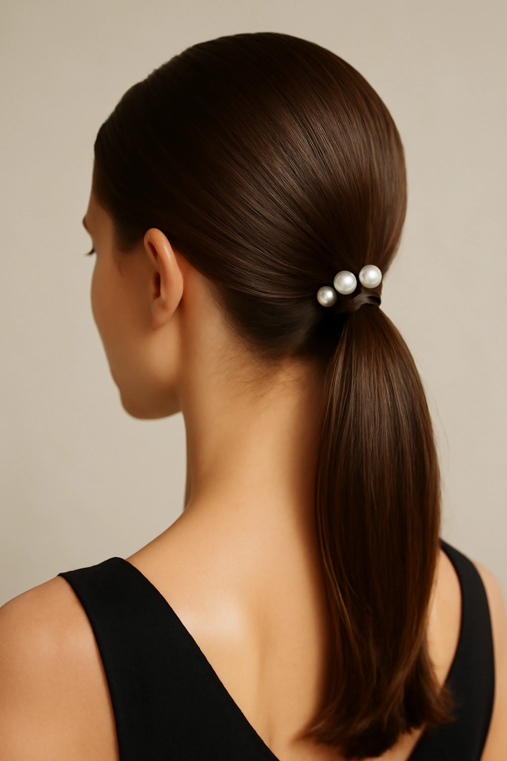 12 Adorable Homecoming Hairstyles for Medium Hair 2 Back view of sleek low ponytail with pearl pins on glossy hair