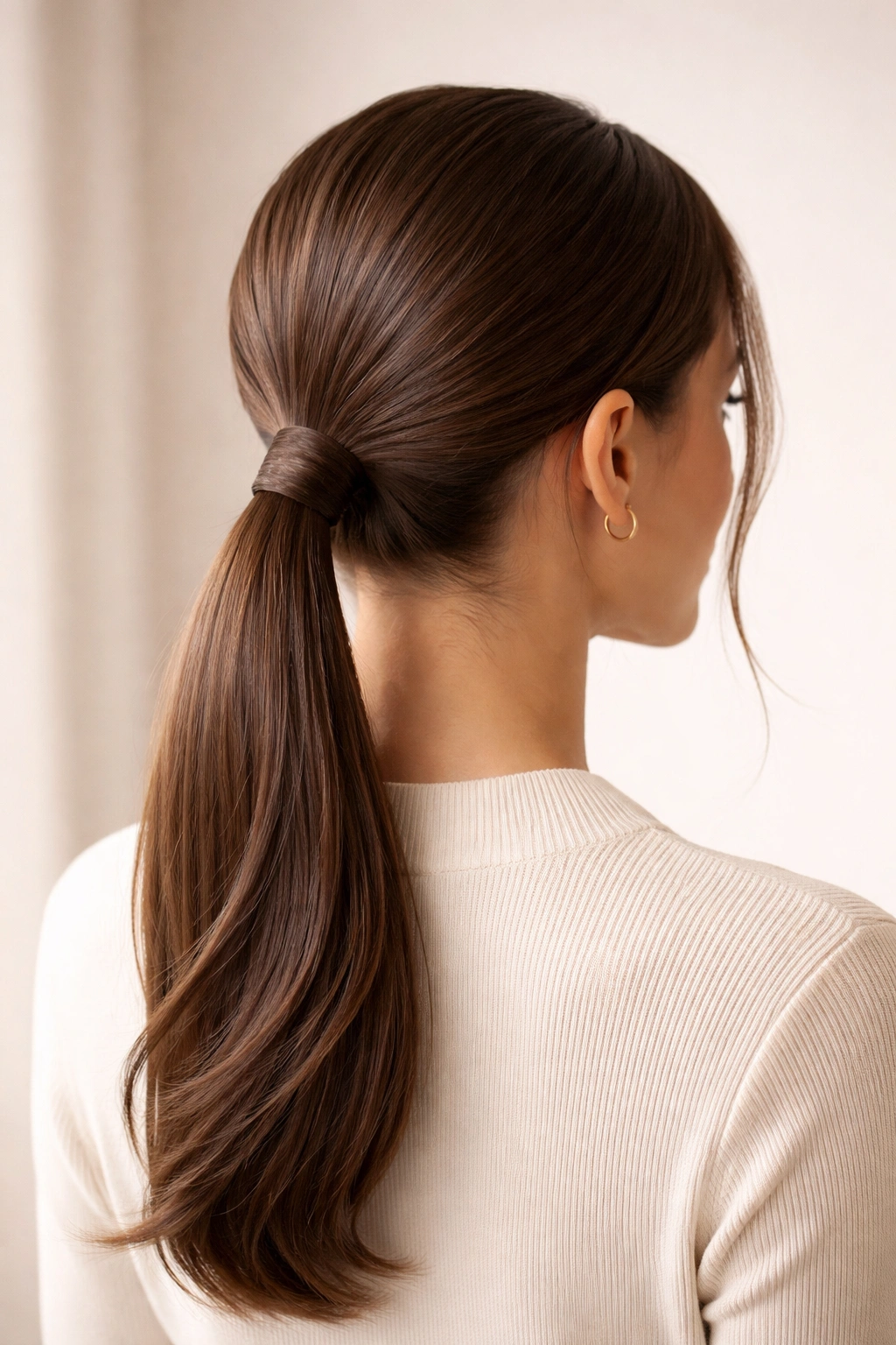 Sleek low ponytail with wrapped elastic at the nape
