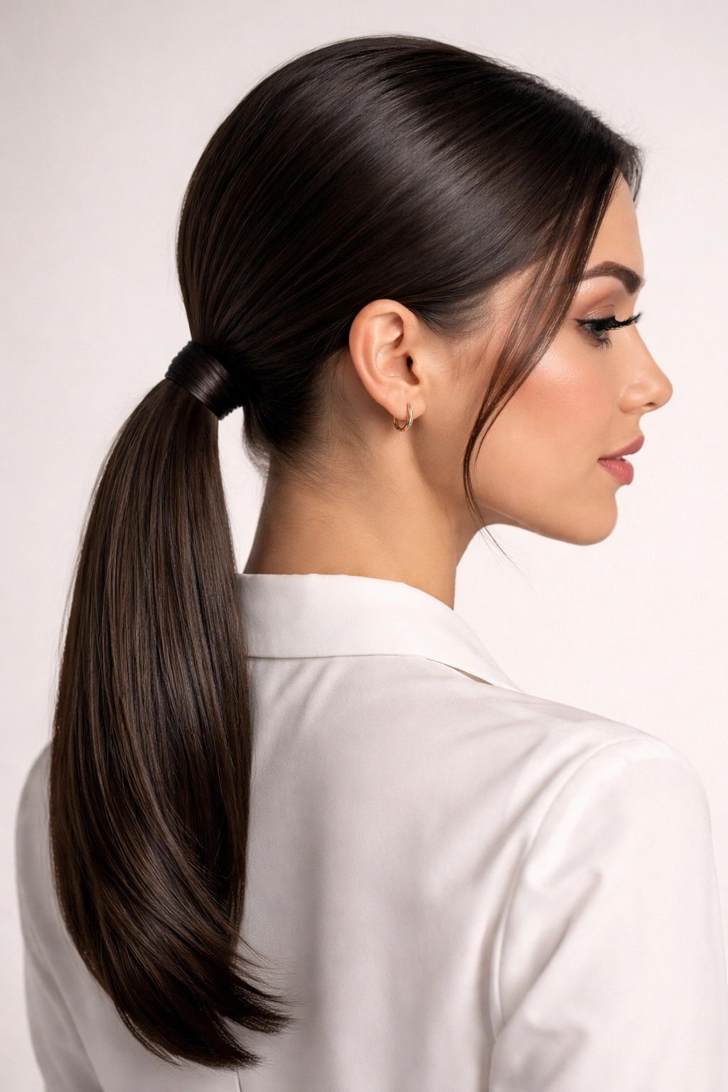 Sleek low ponytail at the nape with wrapped hair concealing the tie