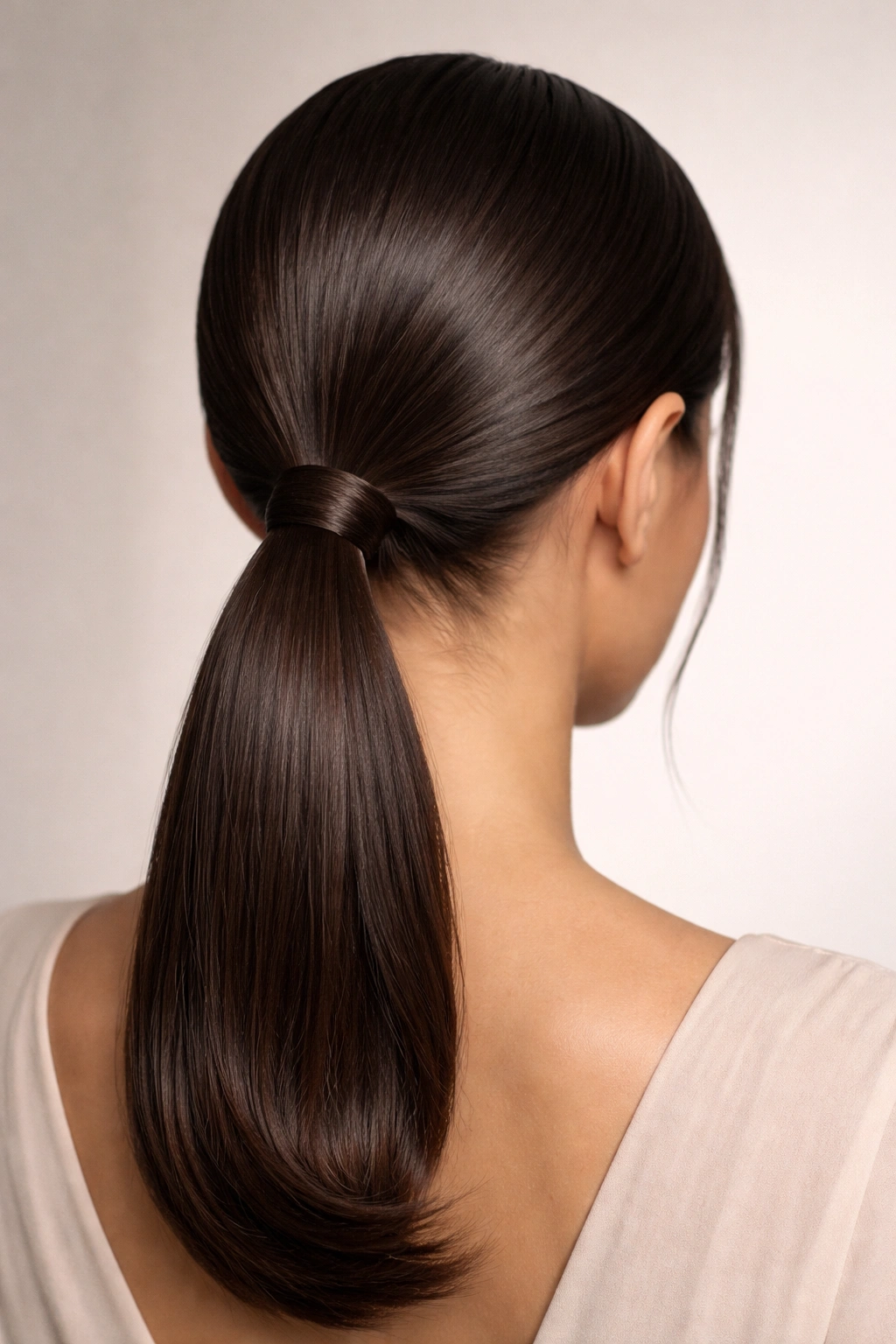 Close-up of sleek low ponytail at the nape with glossy hair