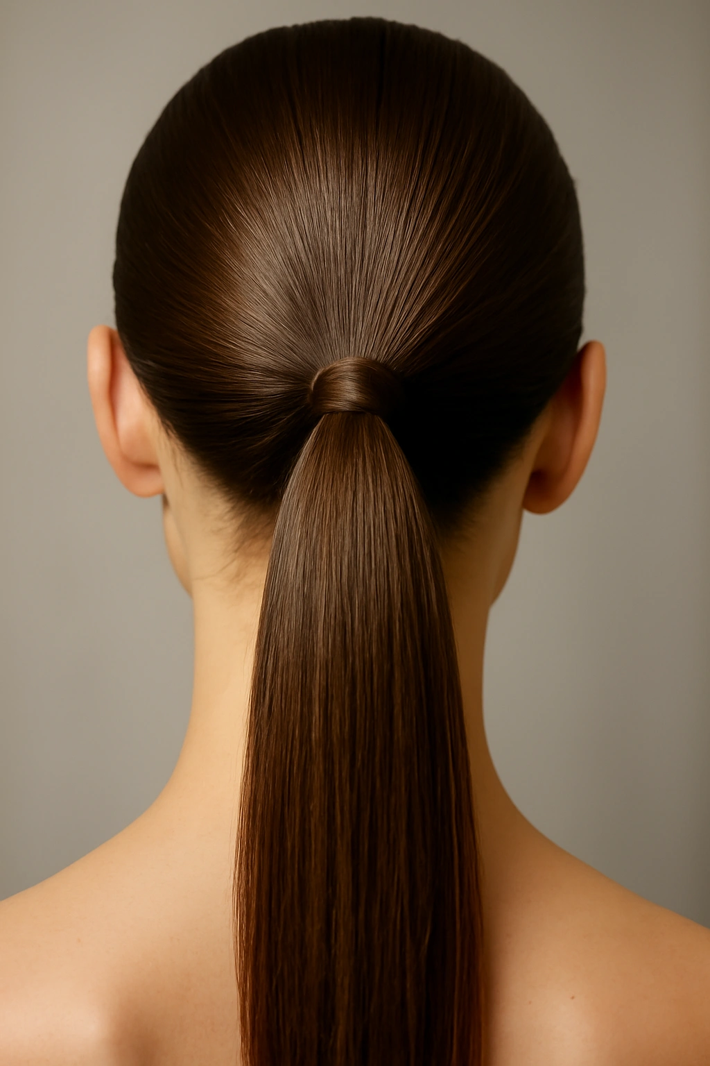10 Effortless Hairstyles for Any Formal Event 2 Close-up of a sleek, glossy low ponytail wrapped elastic at the nape