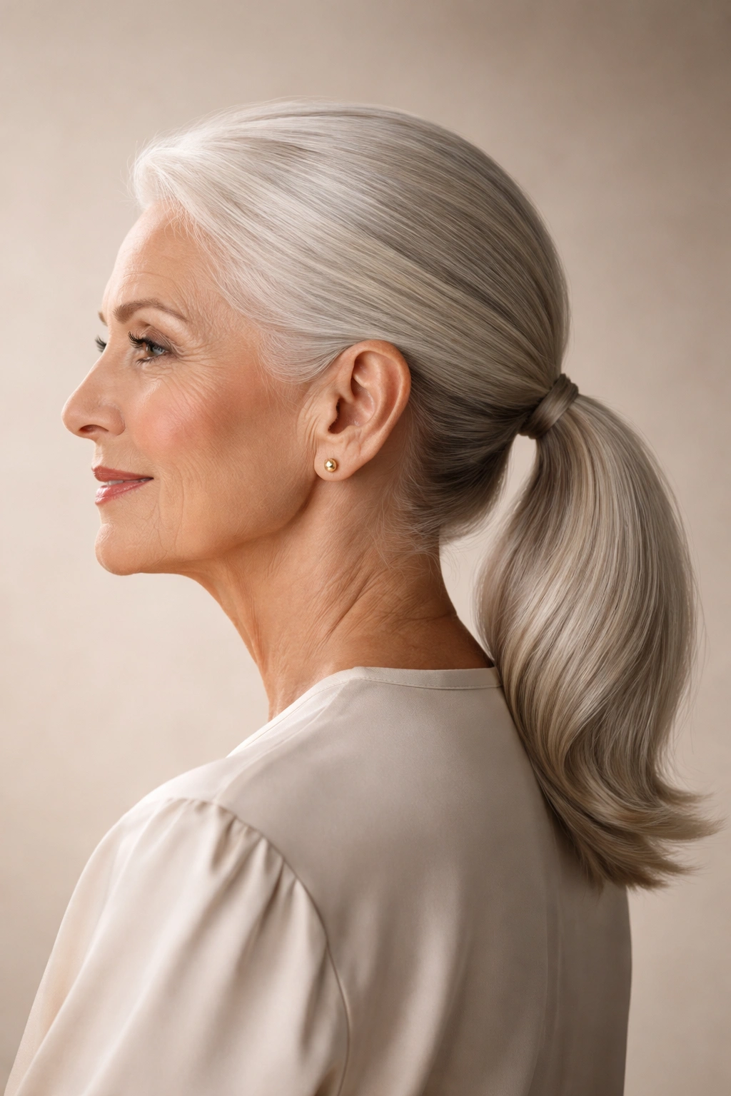 15 Hairstyles That Look Gorgeous On Women Over 70 6 Older woman with sleek low ponytail at the nape