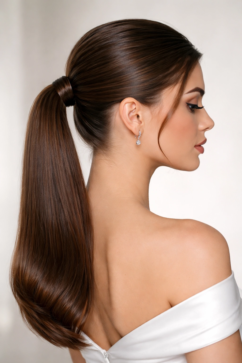 Sleek low ponytail with glossy finish at the nape