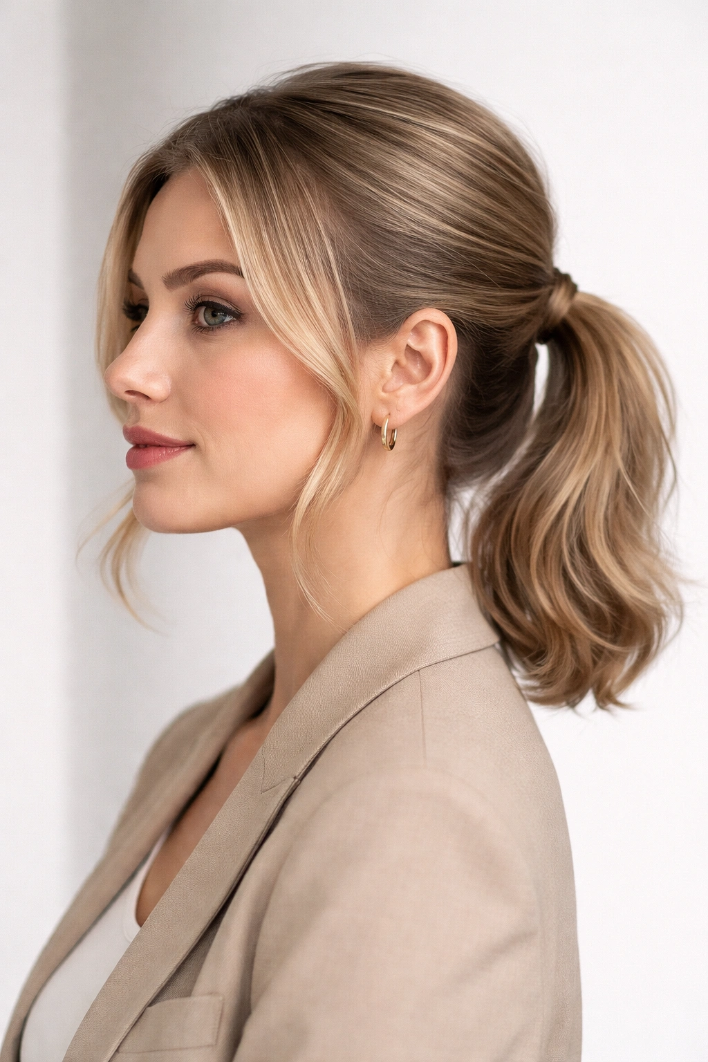 Close-up of a short-haired model with a sleek low ponytail half-up hairstyle