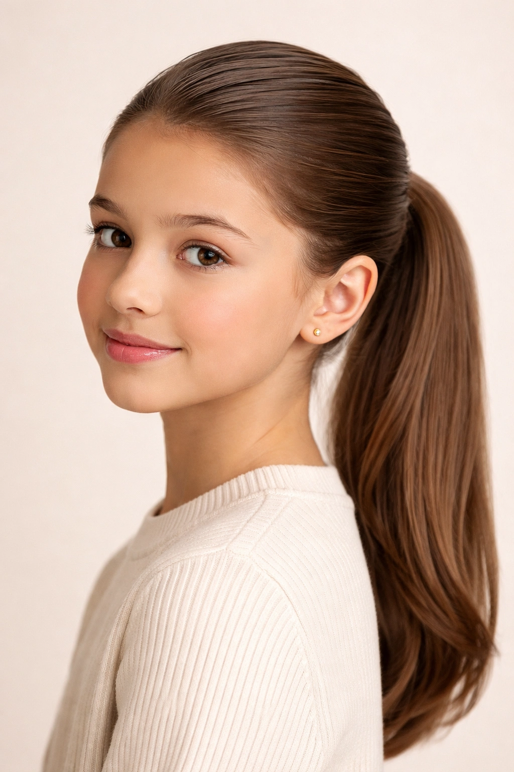 Preteen with sleek low ponytail wrapped elastic.