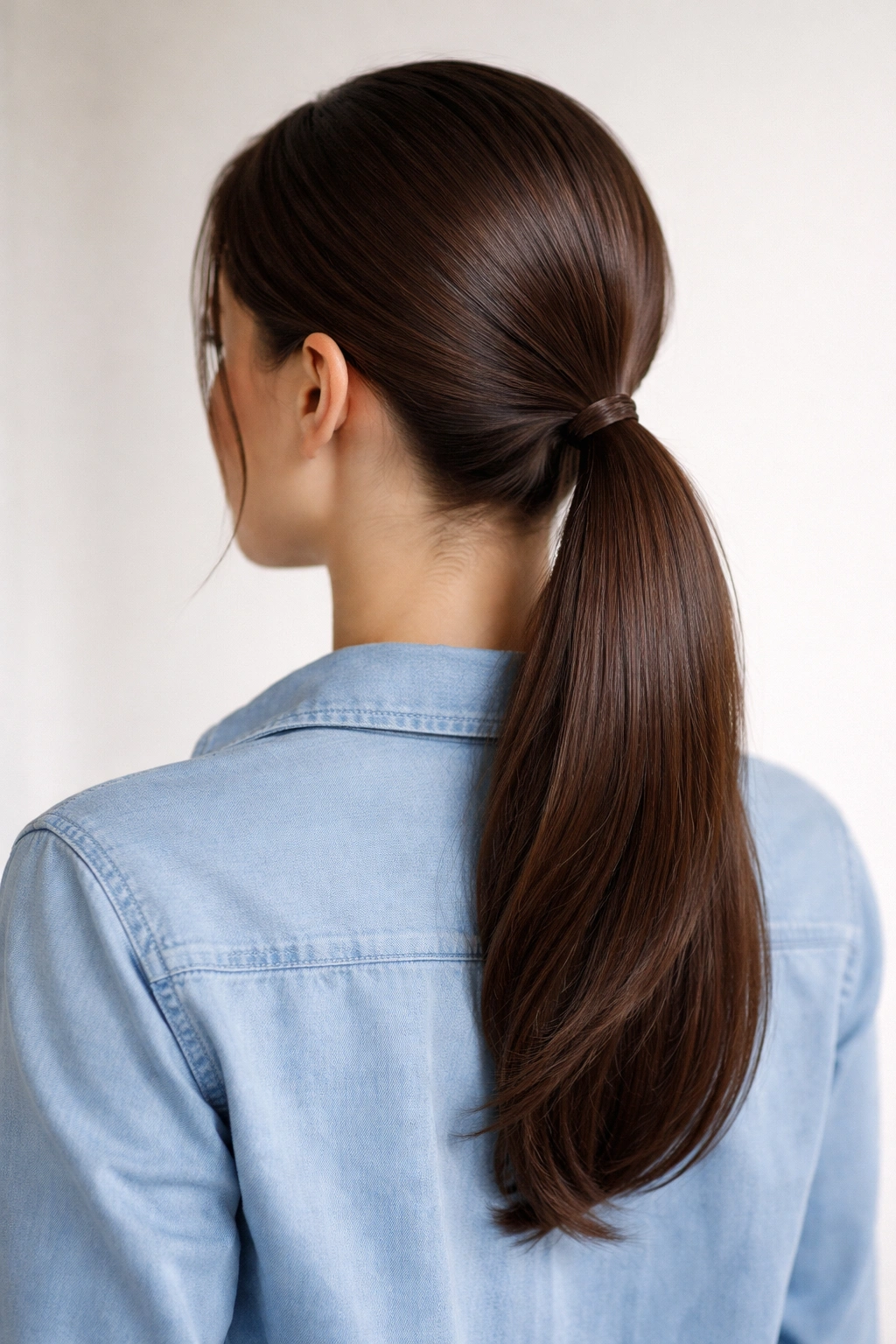 10 Hair Ideas For A Casual Shirt And Jeans Outfit 5 Low ponytail at the nape with glossy, smooth hair.
