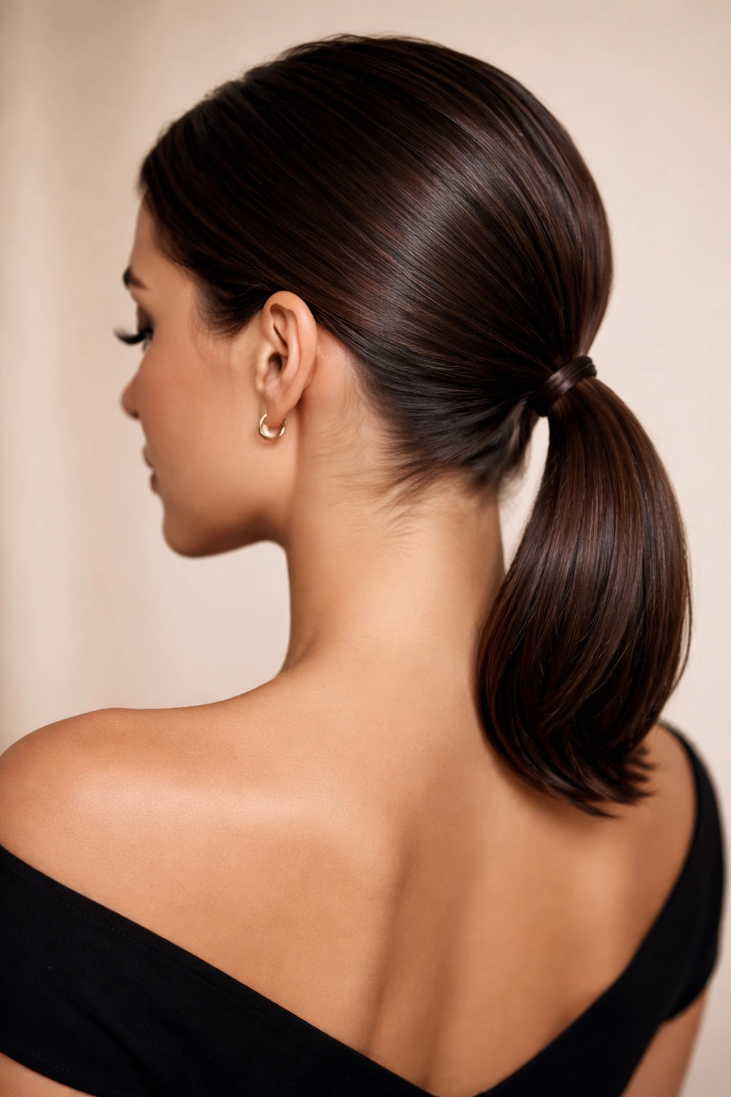 Close-up of a sleek low ponytail on short hair with glossy finish for date night