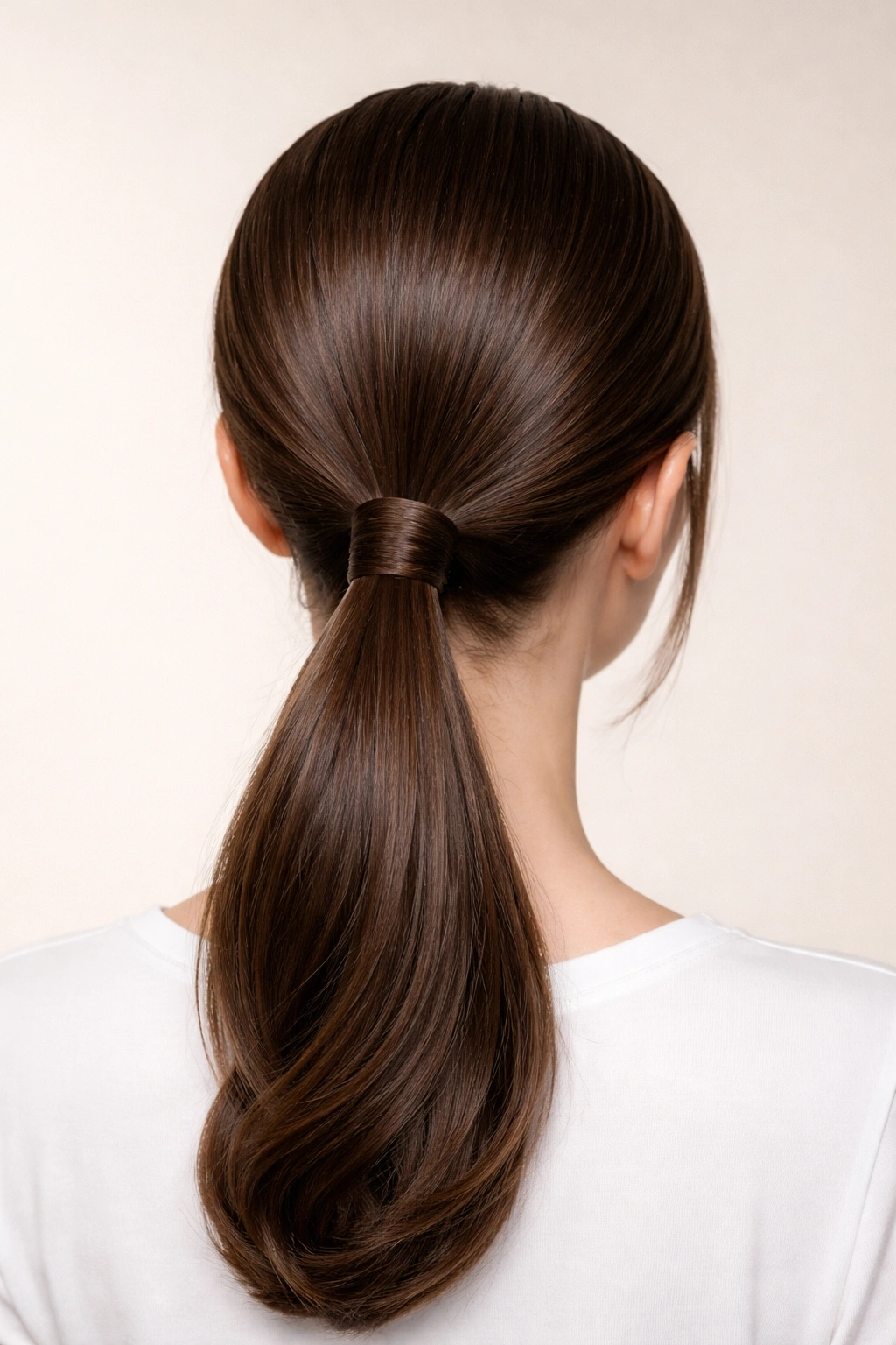 Back view of a sleek low ponytail with a wrapped section around the elastic