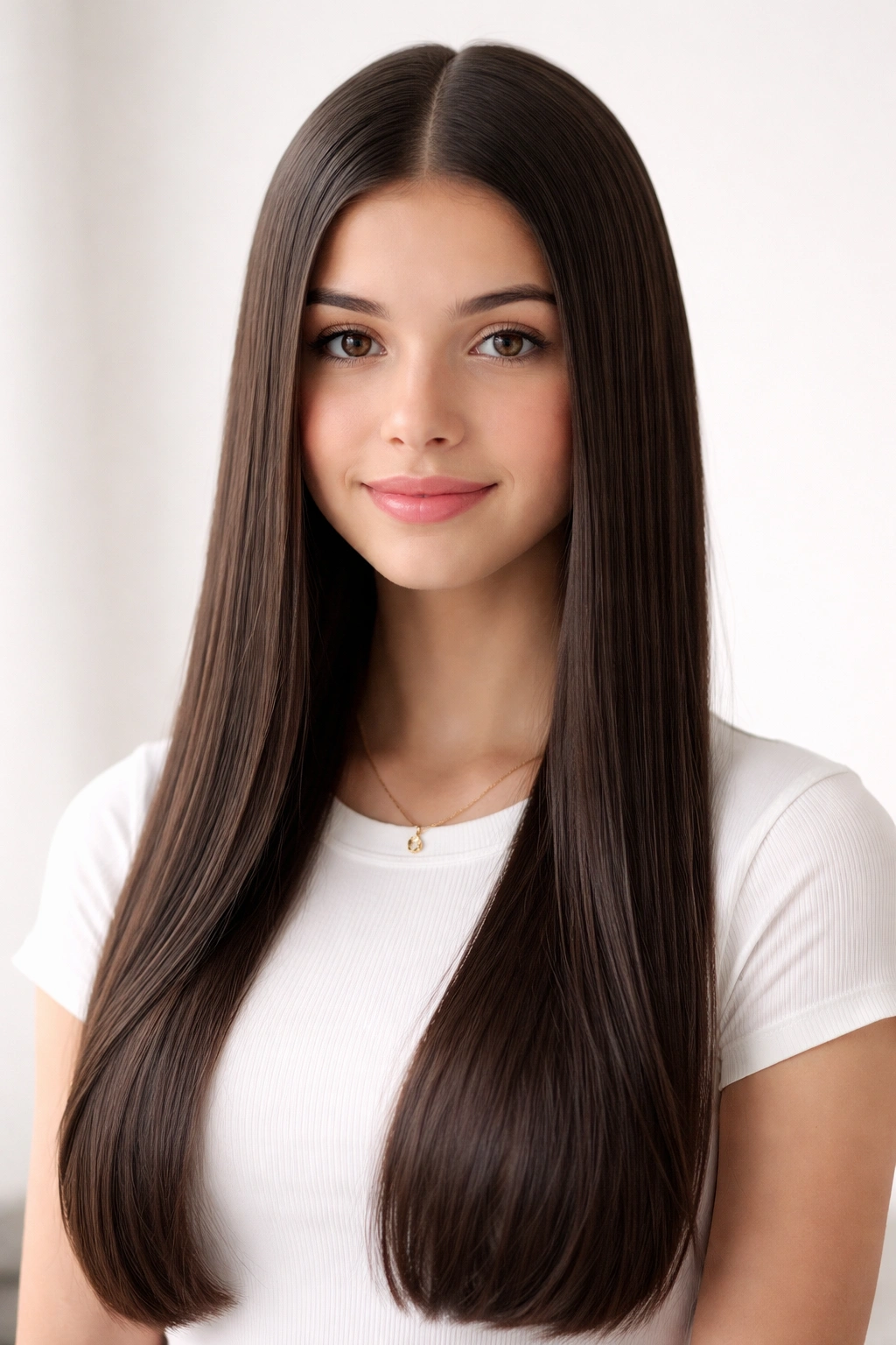 Teen girl with sleek middle-part straight hair and glossy finish