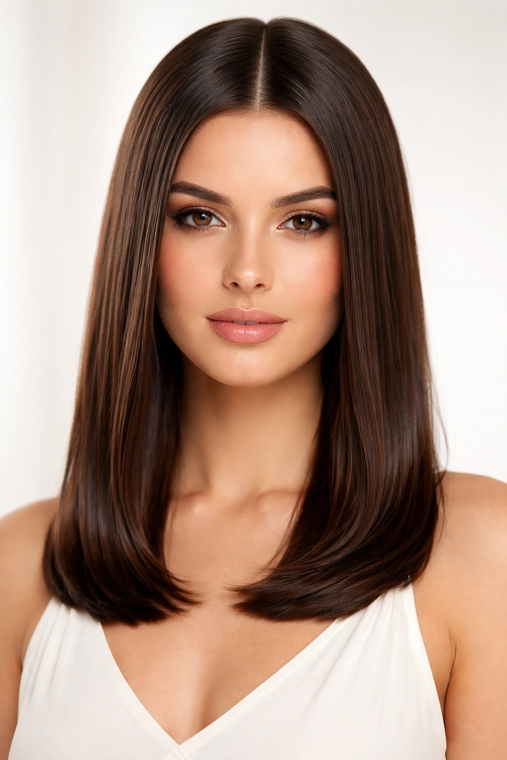 Sleek middle-part hairstyle with straight, shiny hair