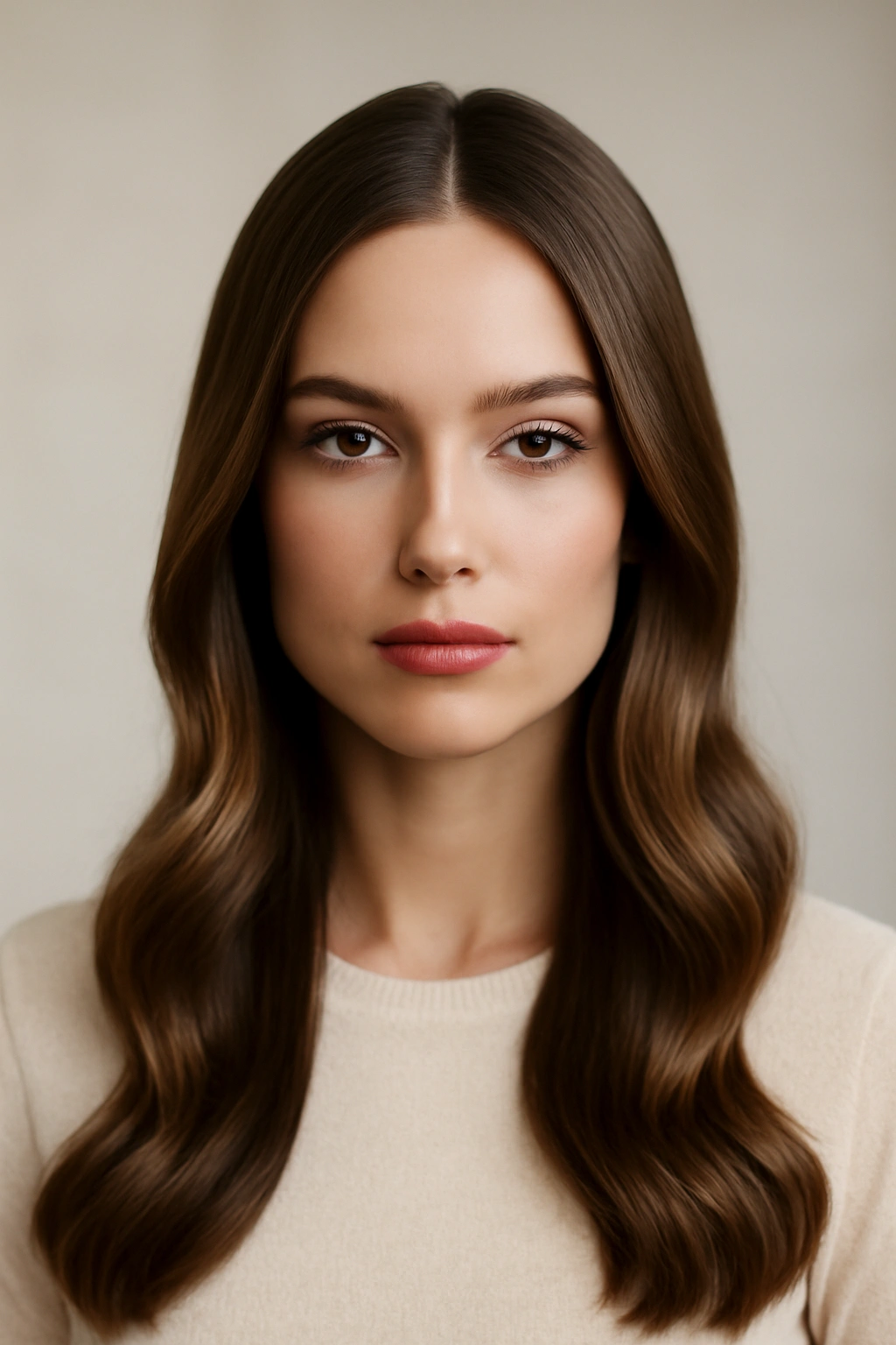 10 Effortlessly Polished Hairstyles for Your Birthday 8 Hair with a straight center part and subtle waves for dimension, studio lighting