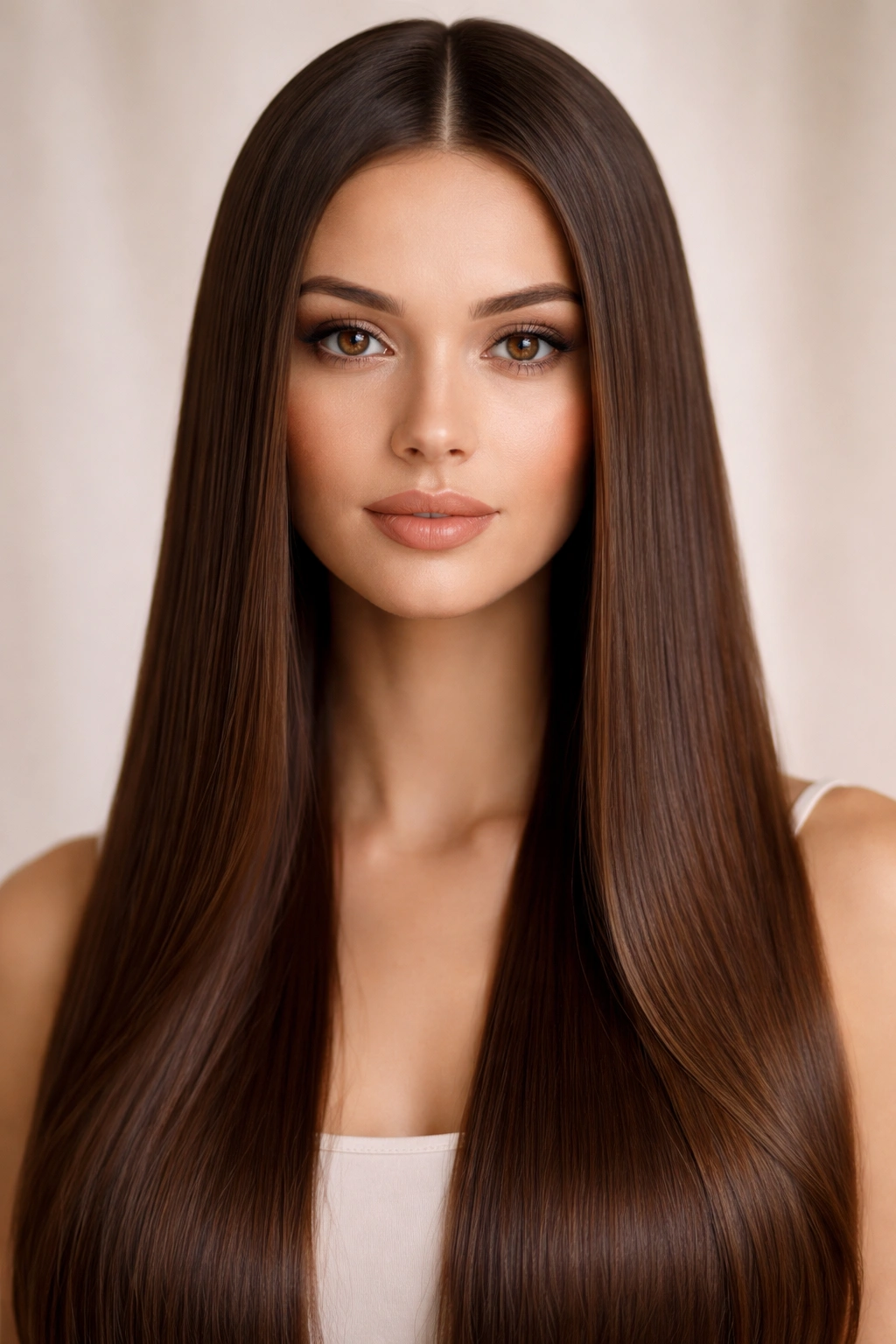 Long hair with a perfectly centered sleek middle part in a front portrait